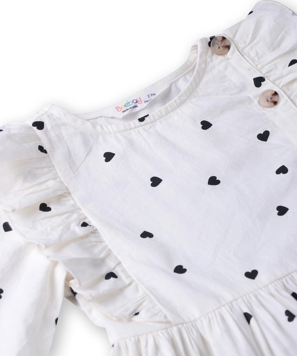 Beebay Kids Girls Button Through Heart Print Dress White