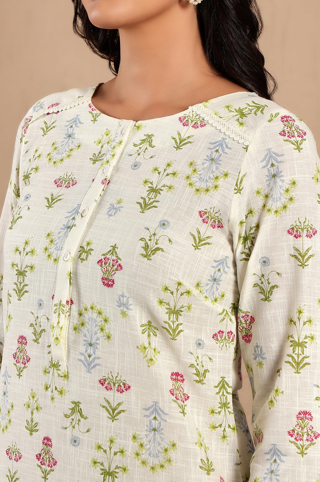 W Ecru Floral Printed Lace Cotton Kurta and Pant Set for Women