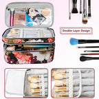 AMOIGEE Large Travel Makeup Bag Organizer, Double Layer Train Case, Toiletry Bag for Makeup Brushes, Full Size Bottles, Palettes