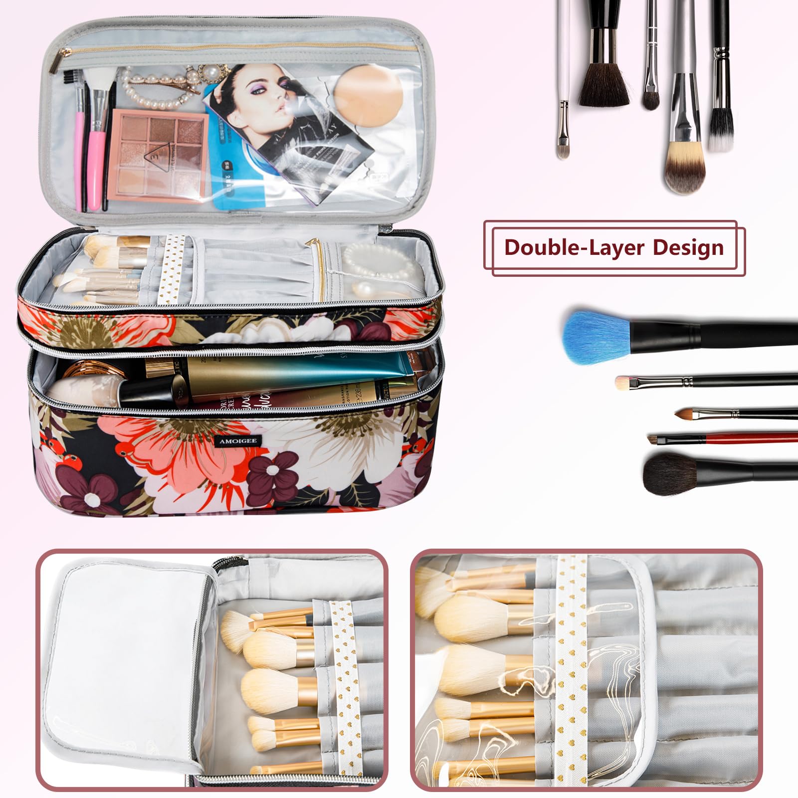 AMOIGEE Large Travel Makeup Bag Organizer, Double Layer Train Case, Toiletry Bag for Makeup Brushes, Full Size Bottles, Palettes