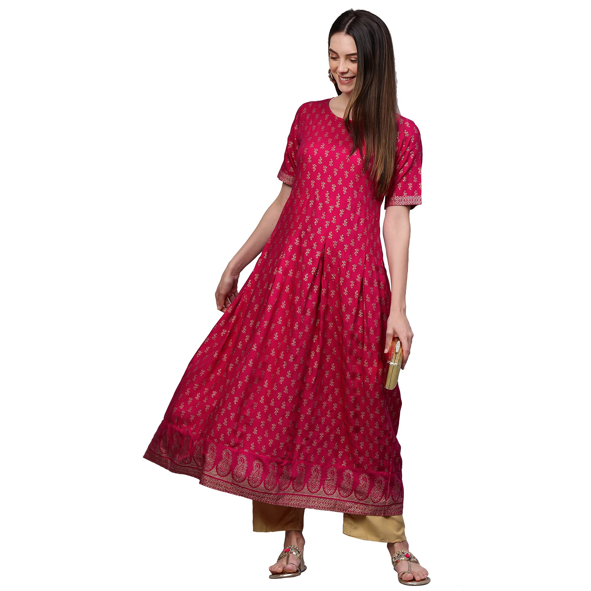 ANNI DESIGNER Womens Rayon Printed Anarkali Kurta (NINECOLOR Pink-STY_S_Pink_Small)