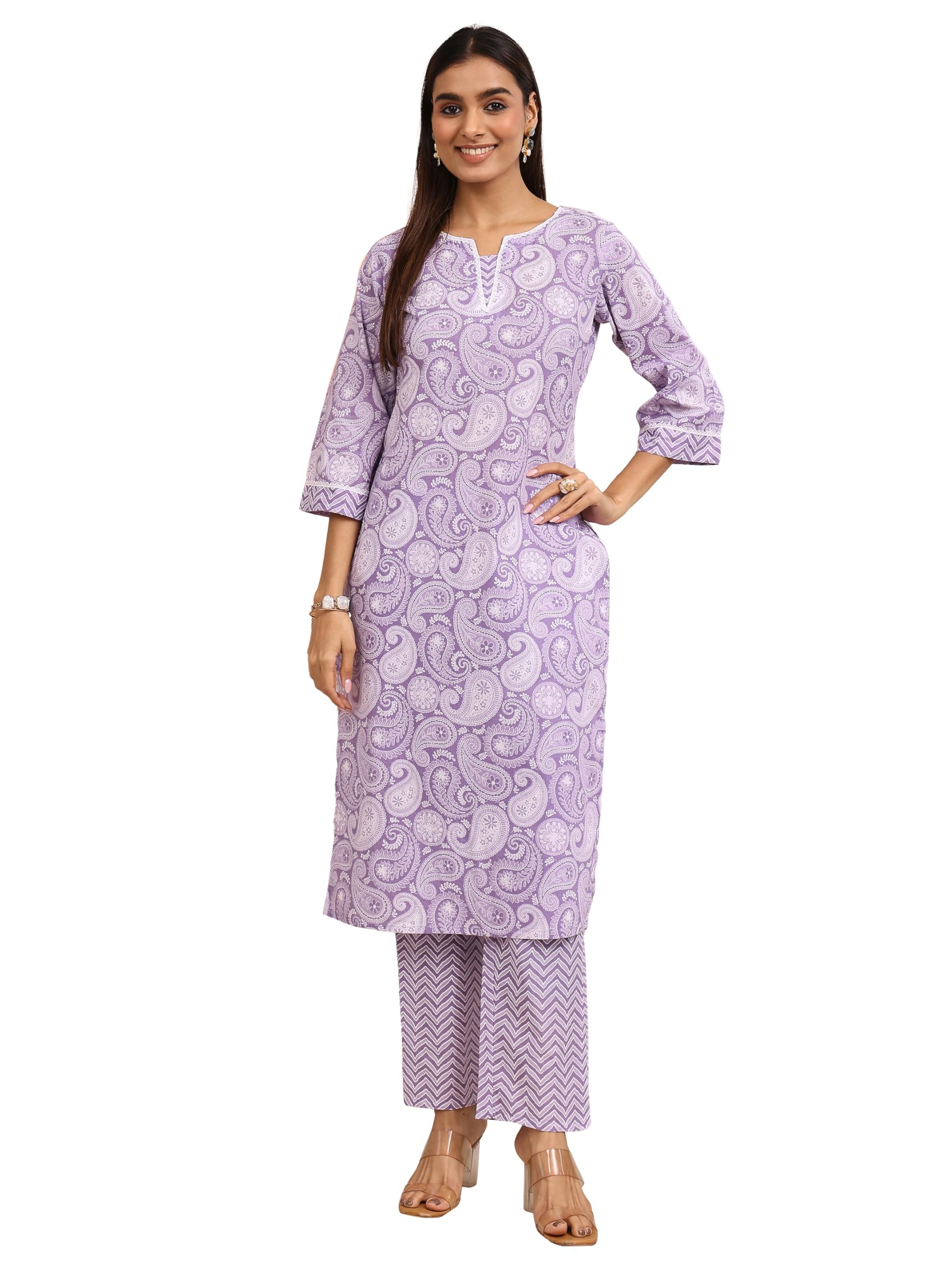 Libas Printed Cotton Straight Kurta With Trousers (401242XL)