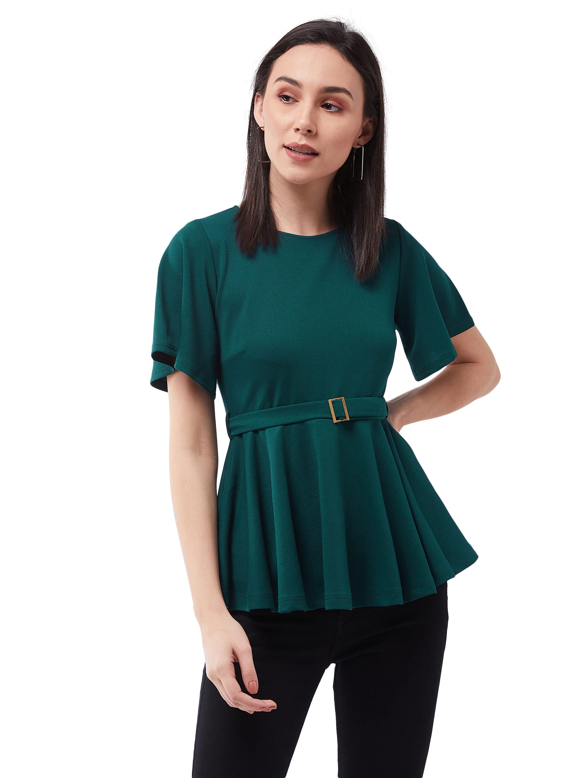 Miss Chase Womens Round Neck Short Sleeve Regular Length Top (MCSS24TP99-64-236-03, Green, S)