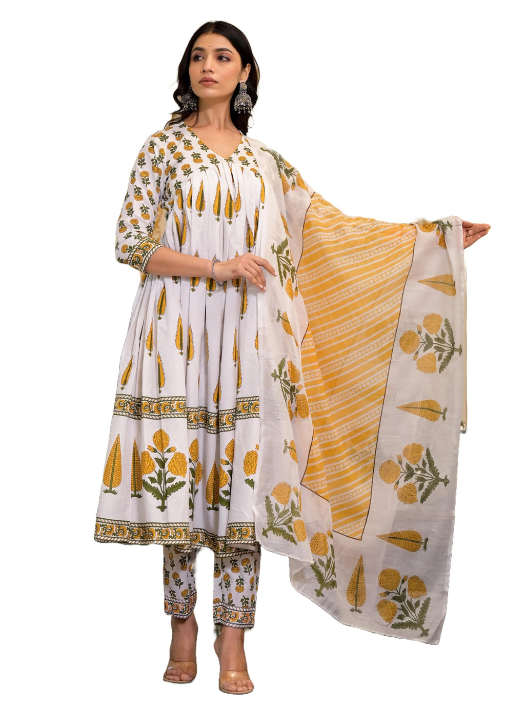 Nermosa Women Printed Anarkali Kurta And Pant Set With Dupatta (In, Alpha, L, White)
