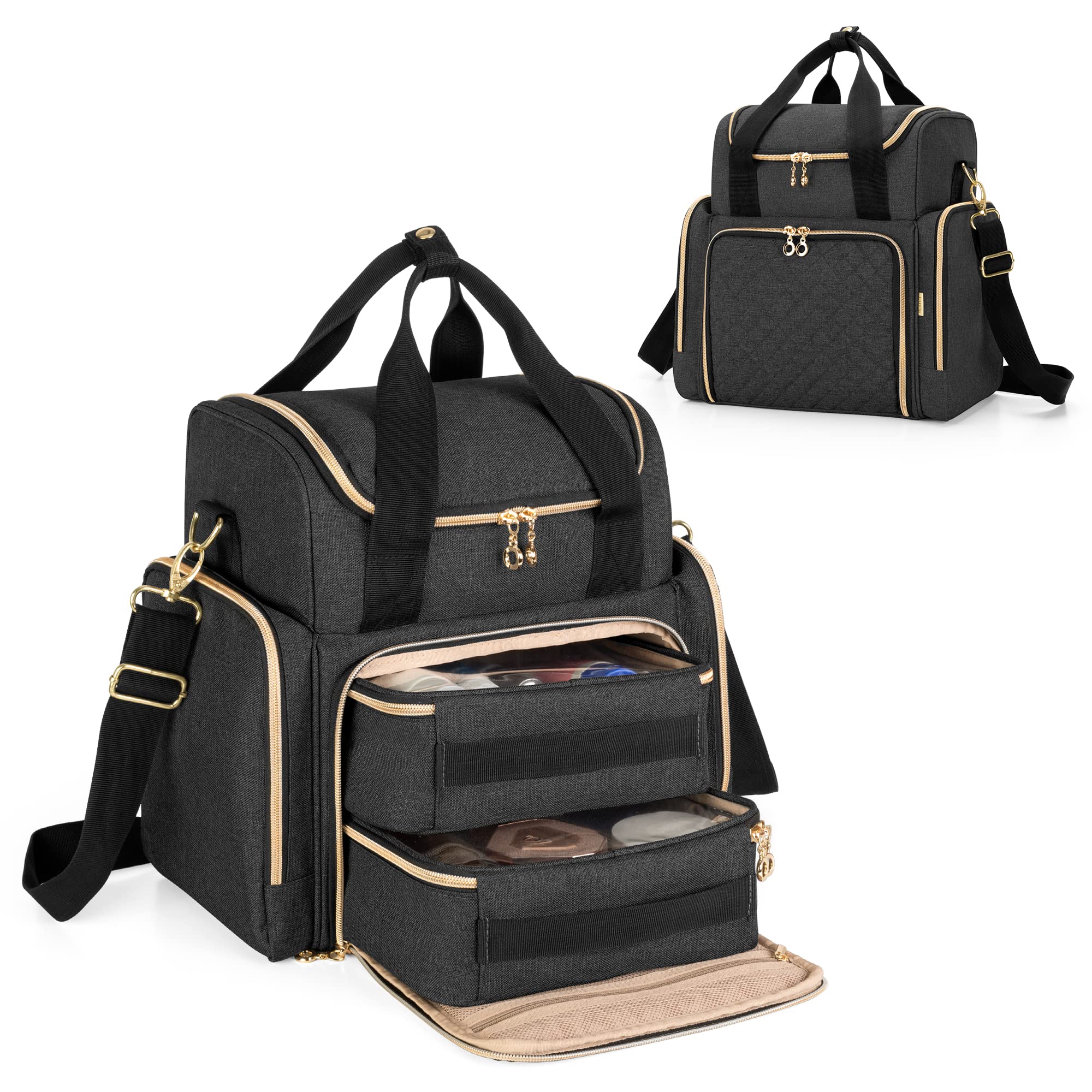 LUXJA Travel Makeup Bag with 2 Removable Cases, Cosmetic Bag with Multiple Storage Sections (Patent Pending), Black