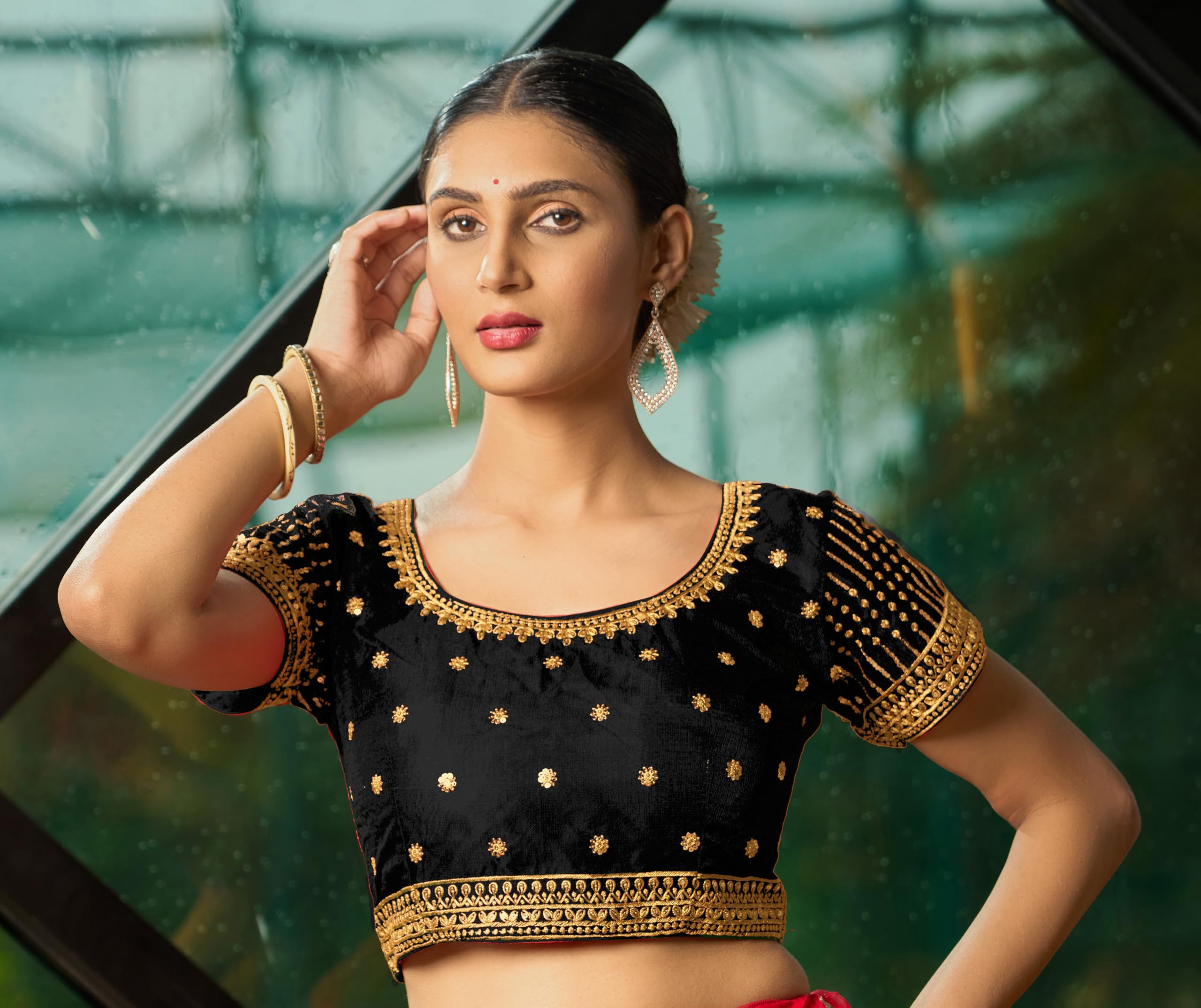 Pujia Mills WomenS Black Readymade Blouse Embroidery Multi Coding Gold Thread Indian Ethnic Designer Blouse Stitched WomenS Re