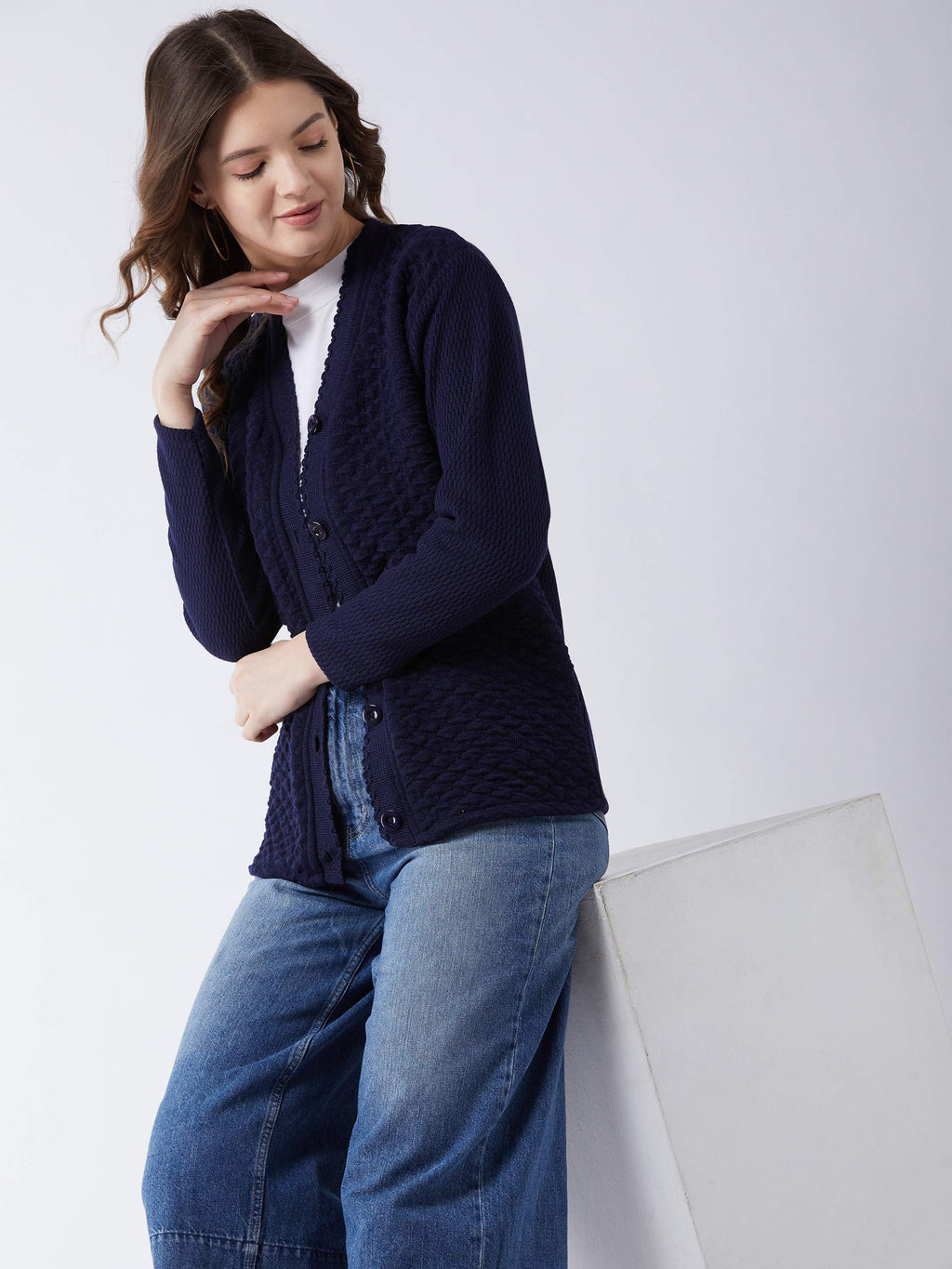 Pivl Womens Blended V-Neck Cardigan Sweater (PV502_Navy