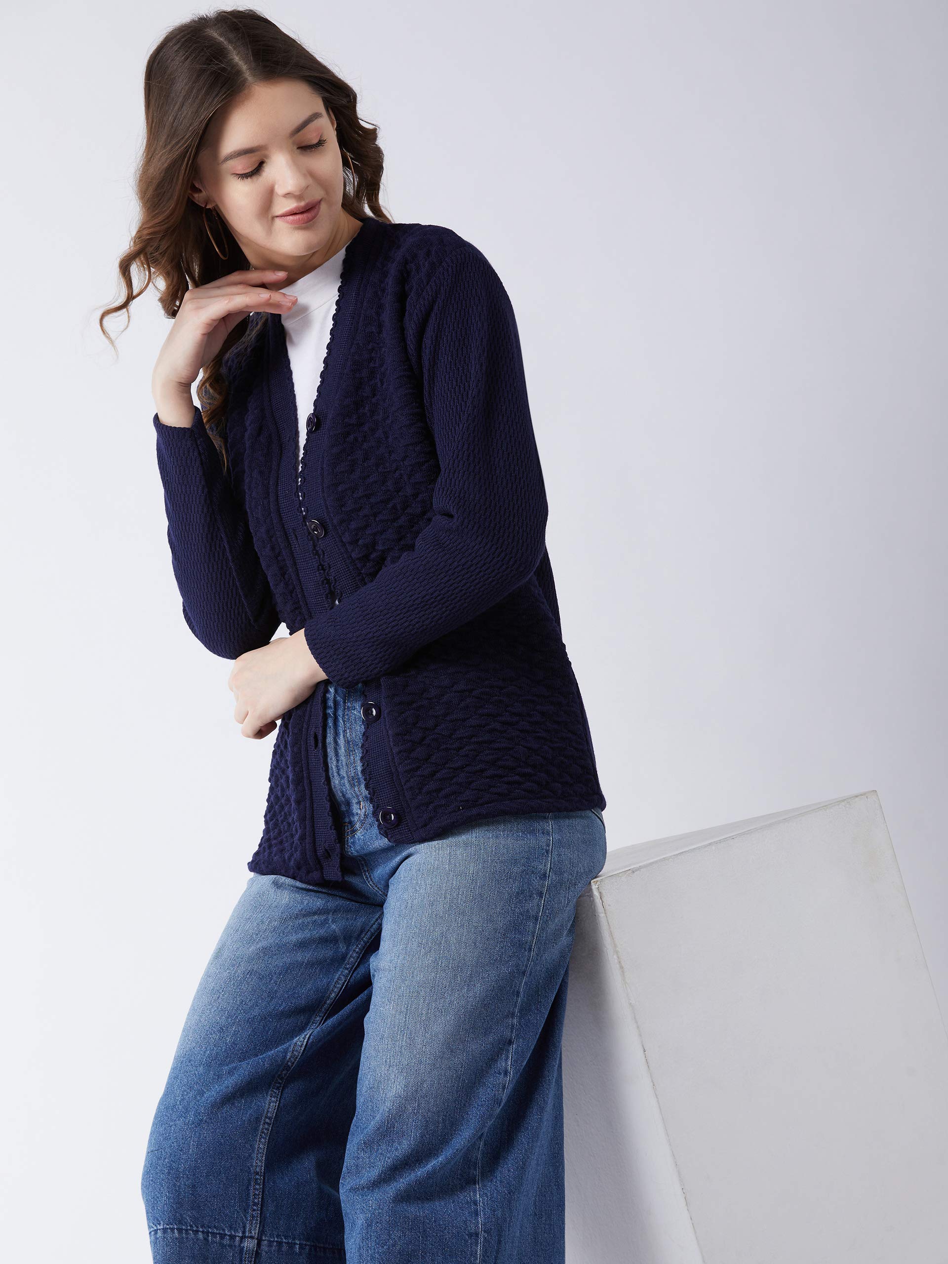 Pivl Womens Blended V-Neck Cardigan Sweater (PV502_Navy