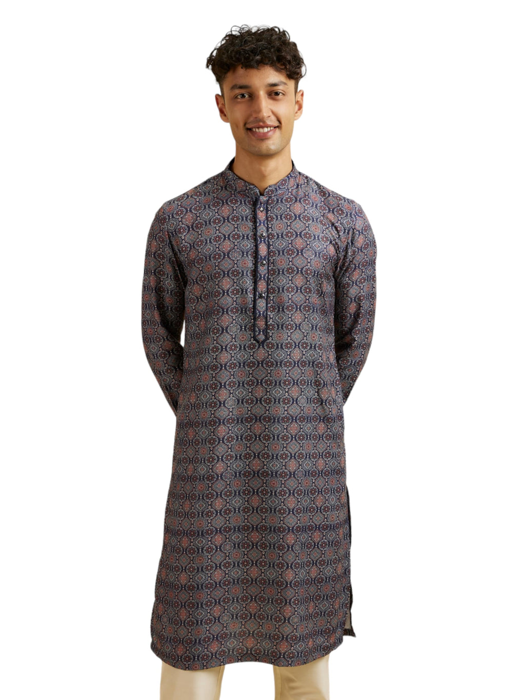 Manyavar Mens Viscose Blend Print Long Kurta (Blue,XXL)