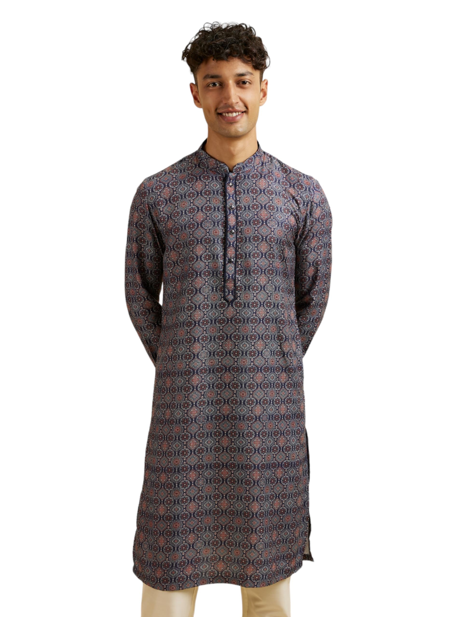 Manyavar Mens Viscose Blend Print Long Kurta (Blue,XXL)