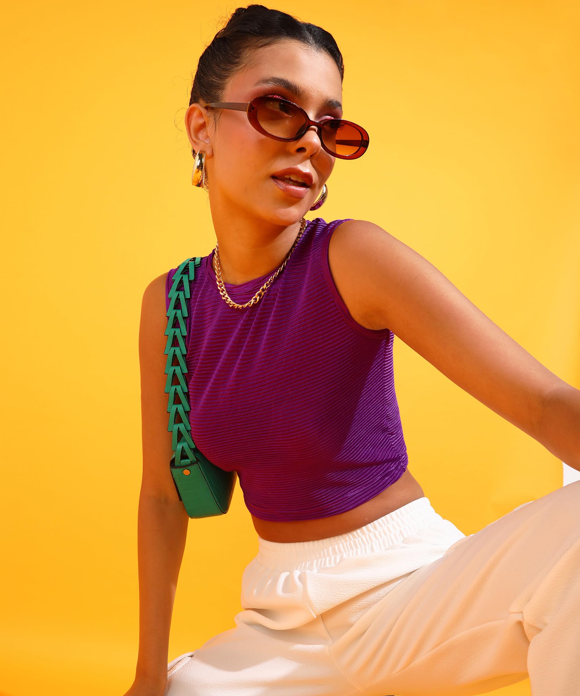 POPWINGS Women Casual Self Design Wrinkle Purple Crop Top Tops for Women | Stylish Tops for Women | Trendy Tops Women