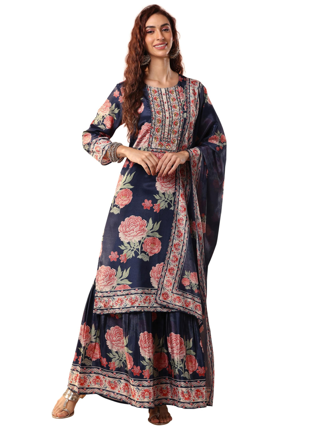 Libas Art Womens Printed Chinon Straight Kurta With Sharara and Dupatta