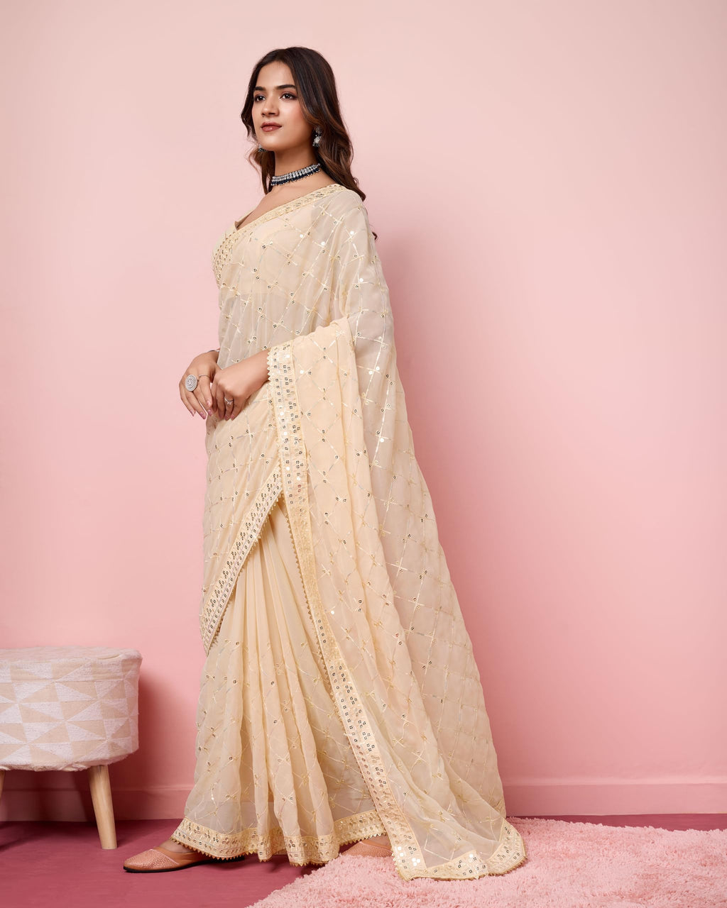 Vairagee Women Soft Georgette Emroidery Saree With Sequence Lace Unstitched Blouse (6236)