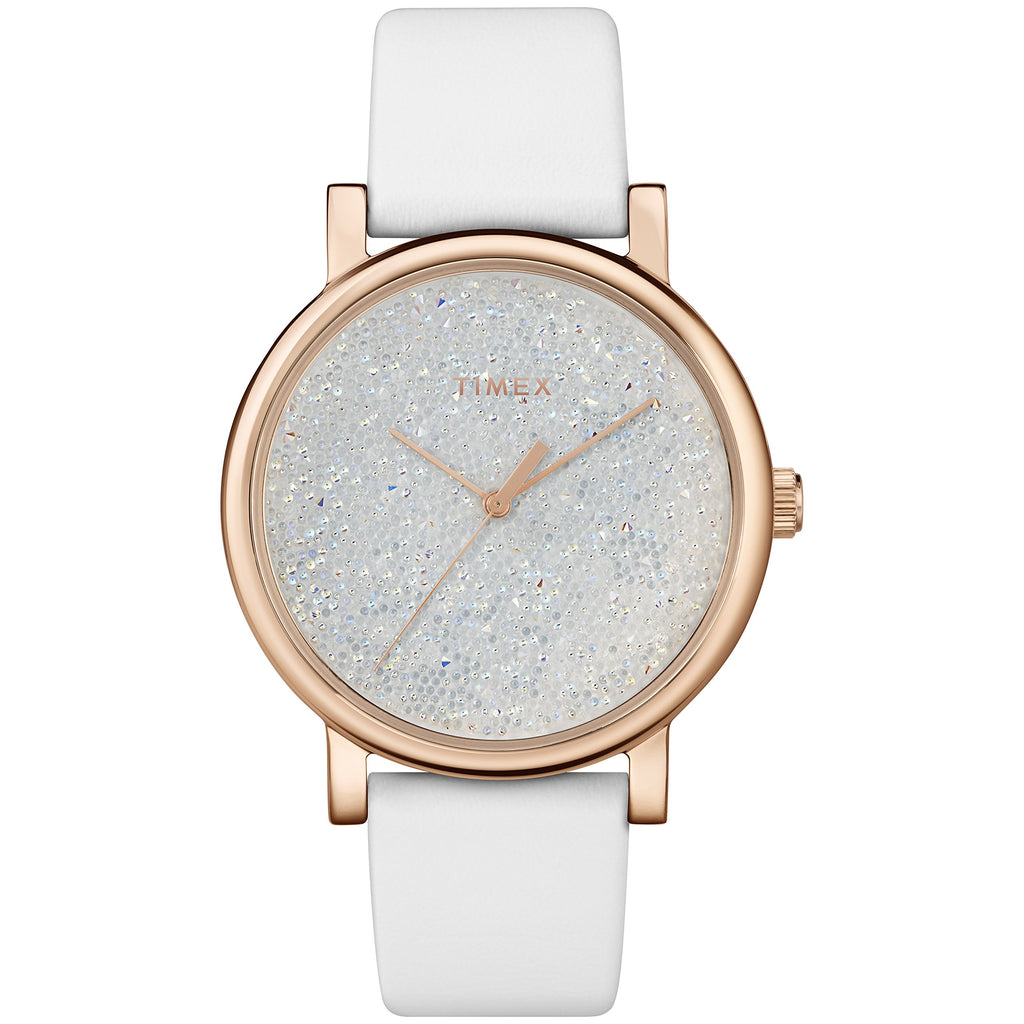 Timex Women's Crystal Opulence 38mm Dress Watch - Rose Gold-Tone Case White DIal with White Genuine Leather Strap