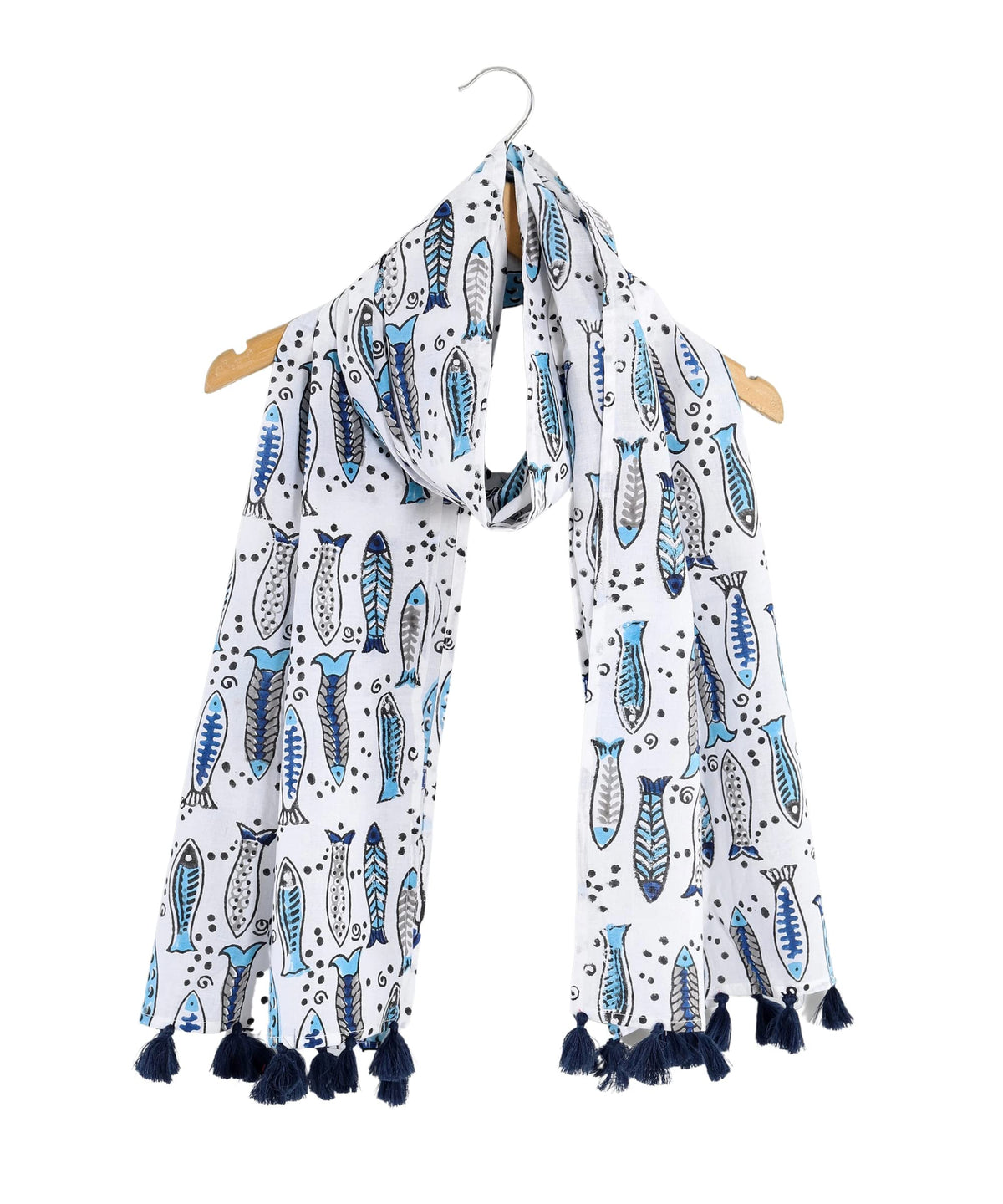 Ravaiyaa  Attitude Is Everything Hand Block Printed Cotton Long Stole Hijab Neck Wrap Scarf With Tassel 71 X 21 Inch (White B 21-71