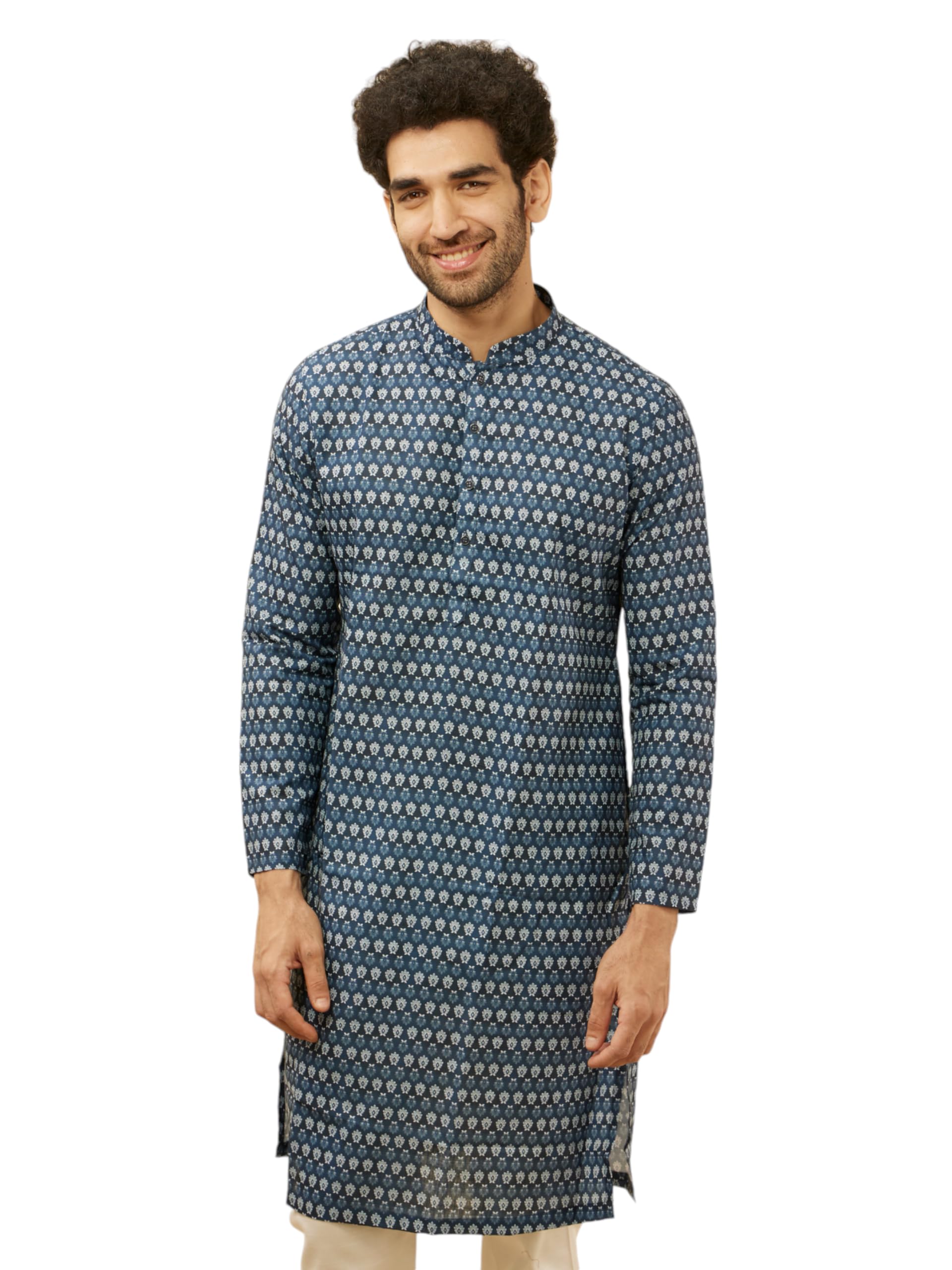 Manyavar MenS Deep Blue Floral Buta Printed Kurta (Xxl)