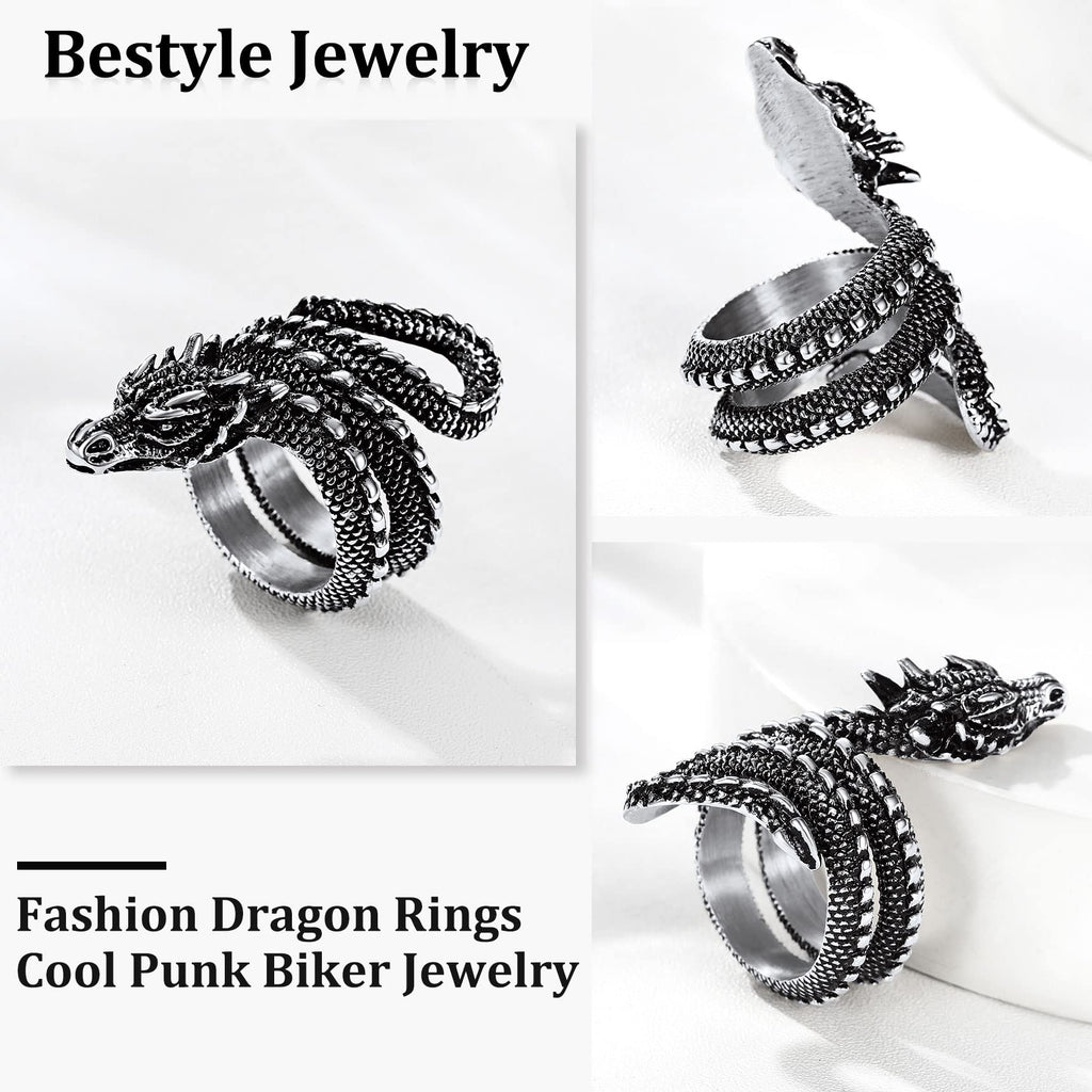 Bestyle Cool Stainless Steel Dragon Ring for Women Men Cool Rings Dragon Jewelry Gothic Punk Finger Rings Fashion Halloween Cost