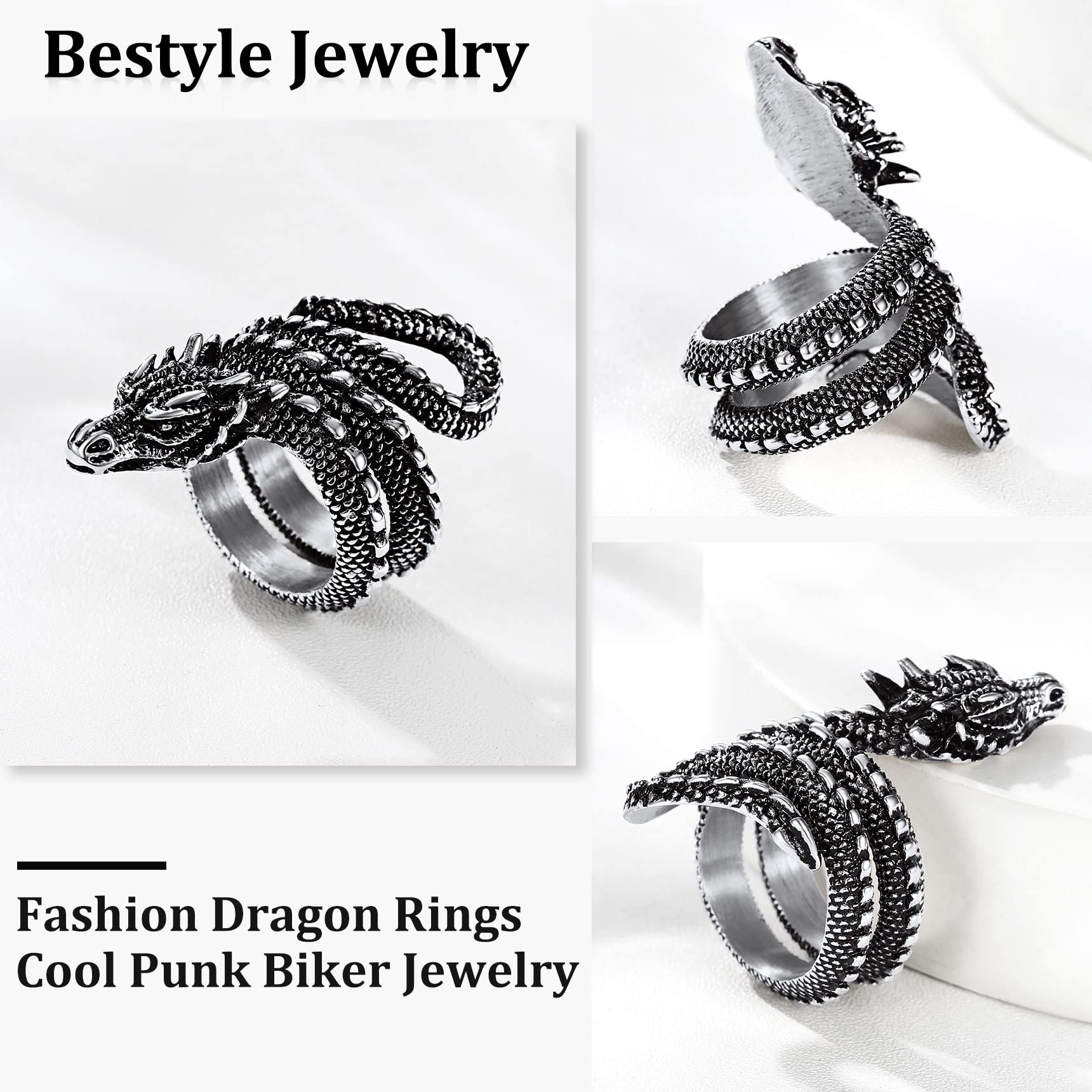 Bestyle Cool Stainless Steel Dragon Ring for Women Men Cool Rings Dragon Jewelry Gothic Punk Finger Rings Fashion Halloween Cost