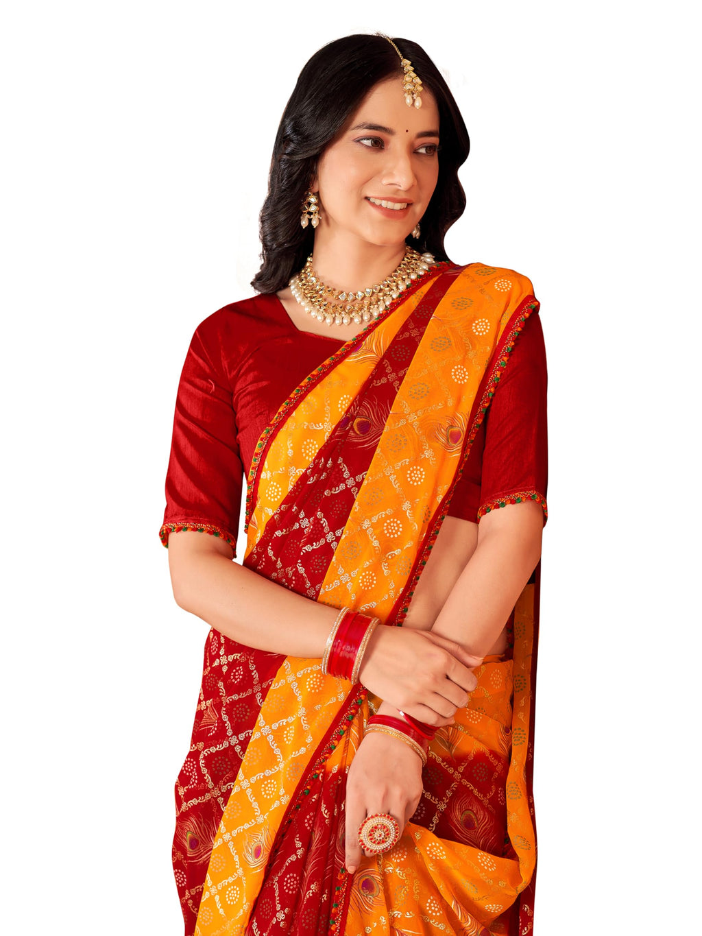 Glory Sarees Womens Georgette Bandhani Foil Print Saree With Blouse Piece (Bandhani107_Maroon)