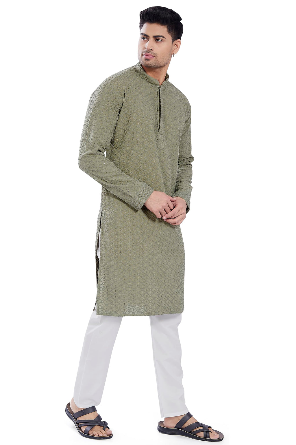 Divisive MenS Sequince Embroidered Cotton Blend Only Slim Fit Kurta (Dkrt675_S_Olive)