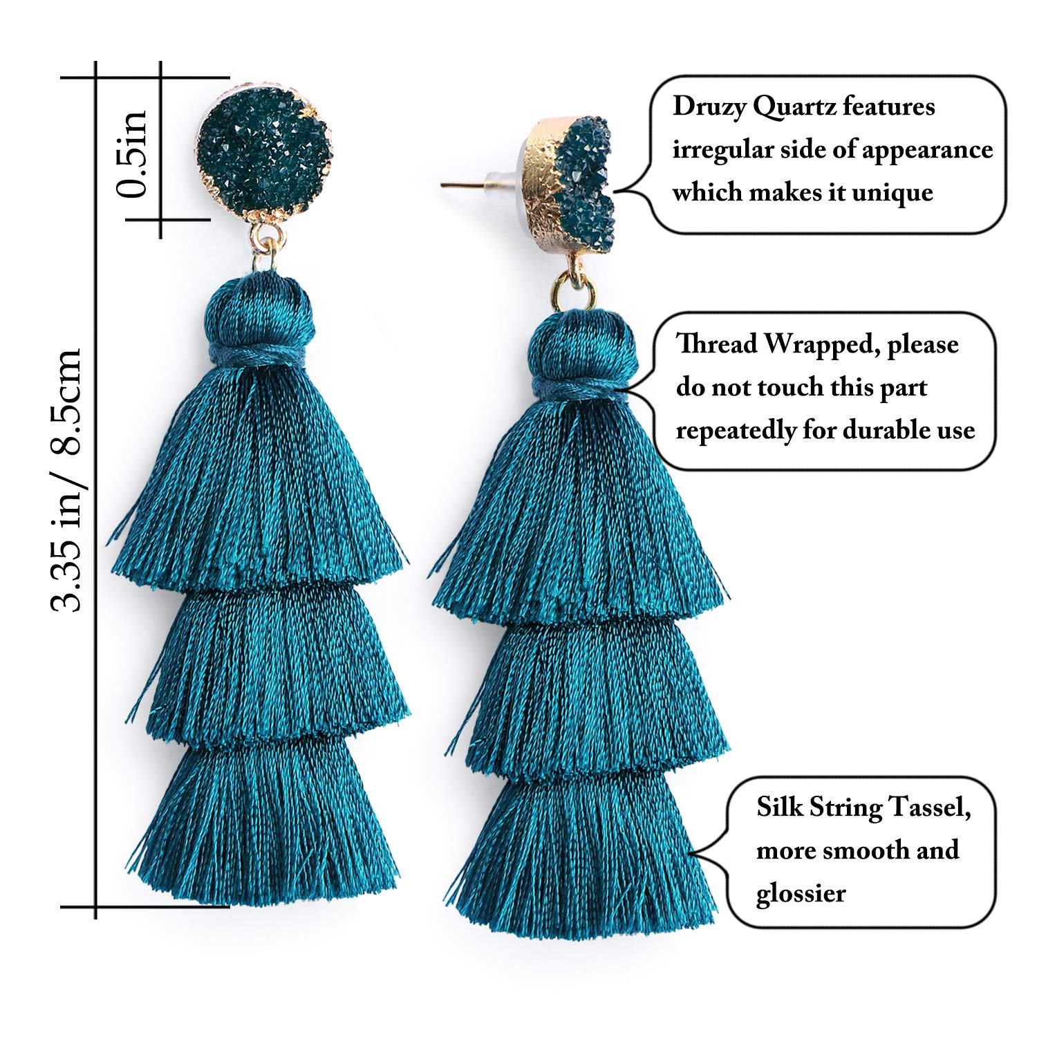 Me&Hz Fashion Tiered Tassel Dangle Earrings for Women Gemstone Studs Statement Boho Long Fringe Drops Birthday/Christmas/Party J