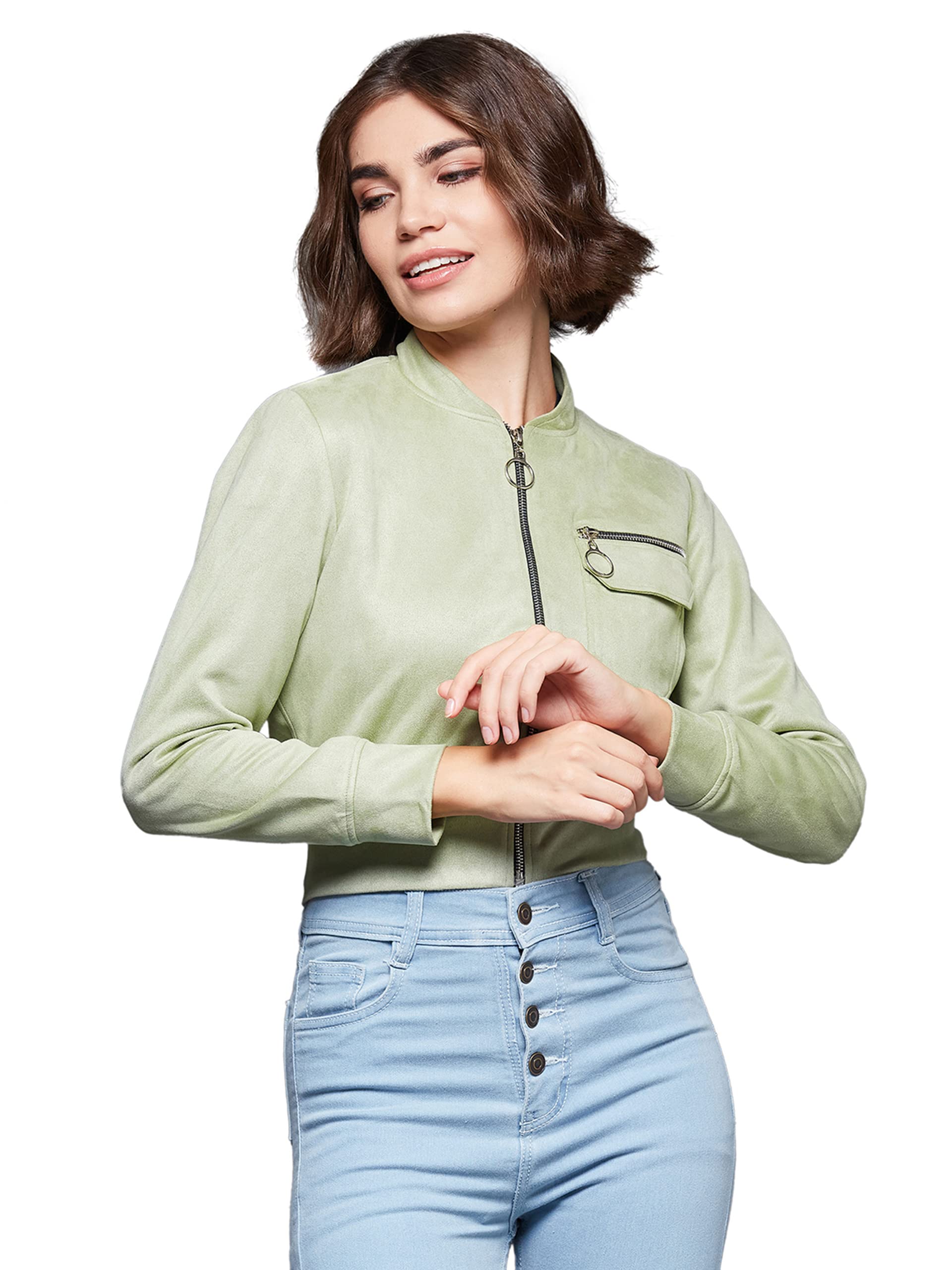 Miss Chase Womens Light Green Mandarin Collar Full-Sleeve Solid Crop Polyester Jacket (MCAW22JKT03-52-159-06, Light Green, XL)
