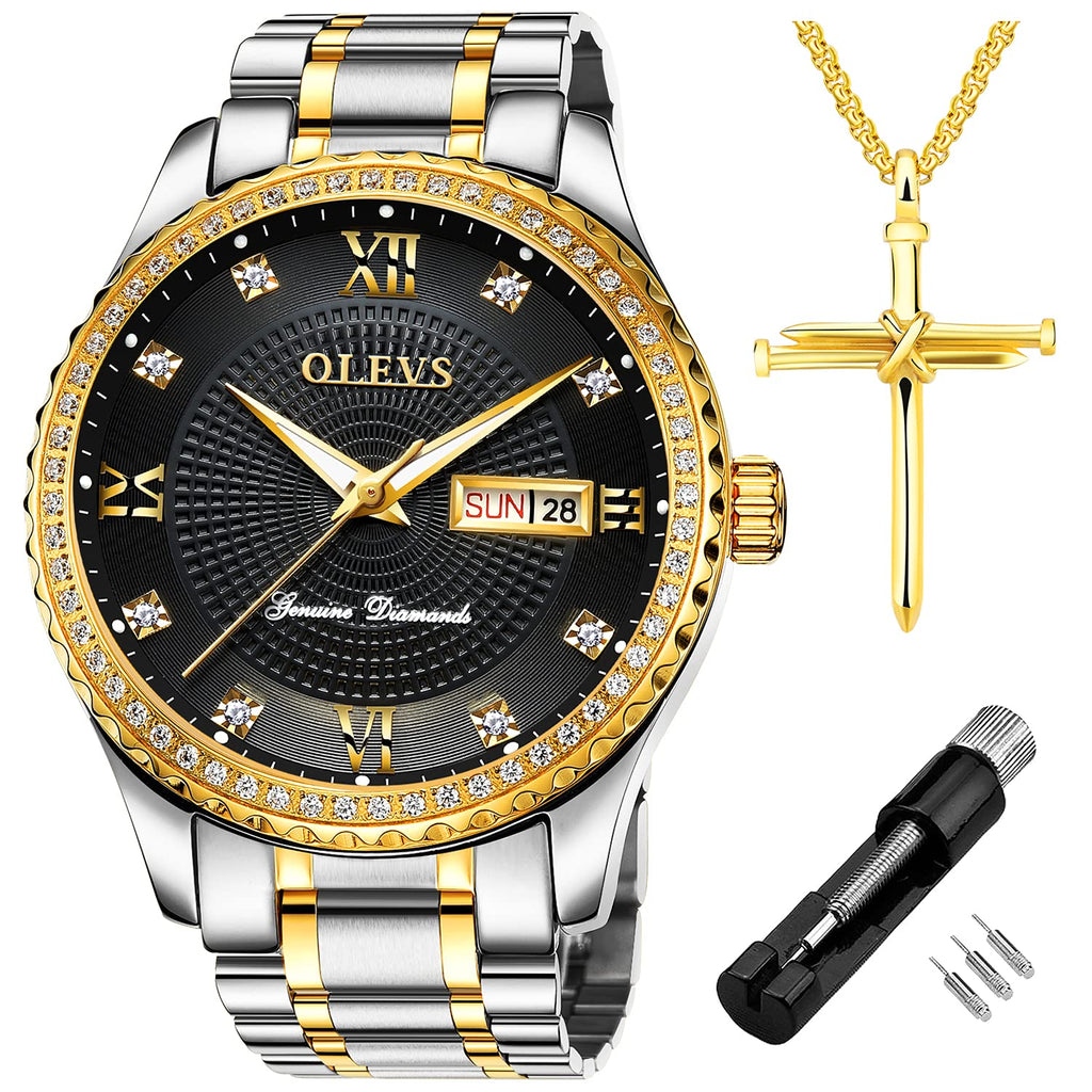 OLEVS Luxury Diamond Day Date Dress Watches for Men Black Dial Big Face Gold Bezel Luminous,Male Business Casual Analog Quartz W