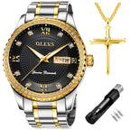 OLEVS Luxury Diamond Day Date Dress Watches for Men Black Dial Big Face Gold Bezel Luminous,Male Business Casual Analog Quartz W