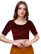 Pujia Mills WomenS Readymade Hosiery Velvet Lycra Stretchable Round Neck Half Sleeve Blouse With Jari Work Fancy Maroon Color L