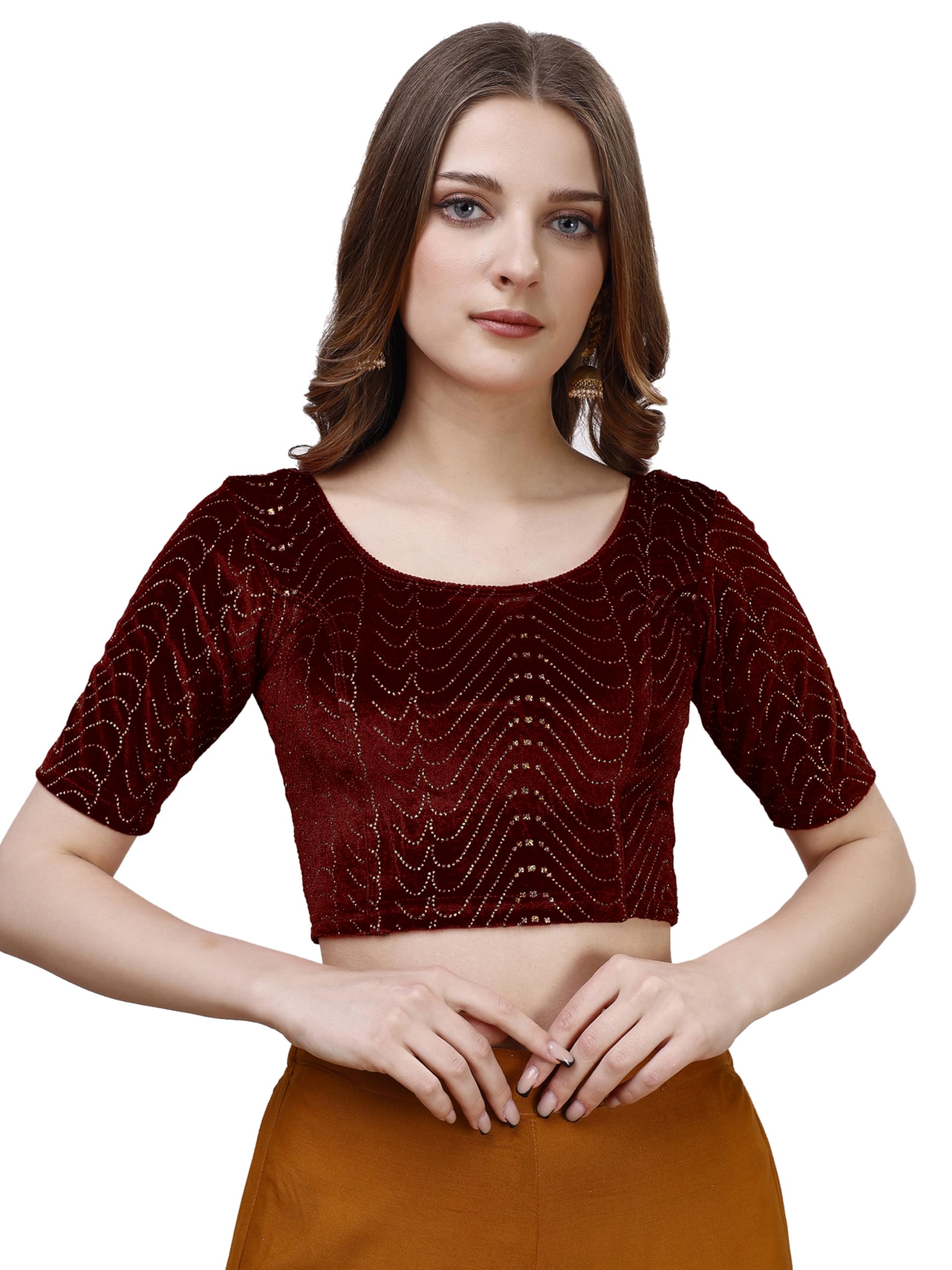 Pujia Mills WomenS Readymade Hosiery Velvet Lycra Stretchable Round Neck Half Sleeve Blouse With Jari Work Fancy Maroon Color L