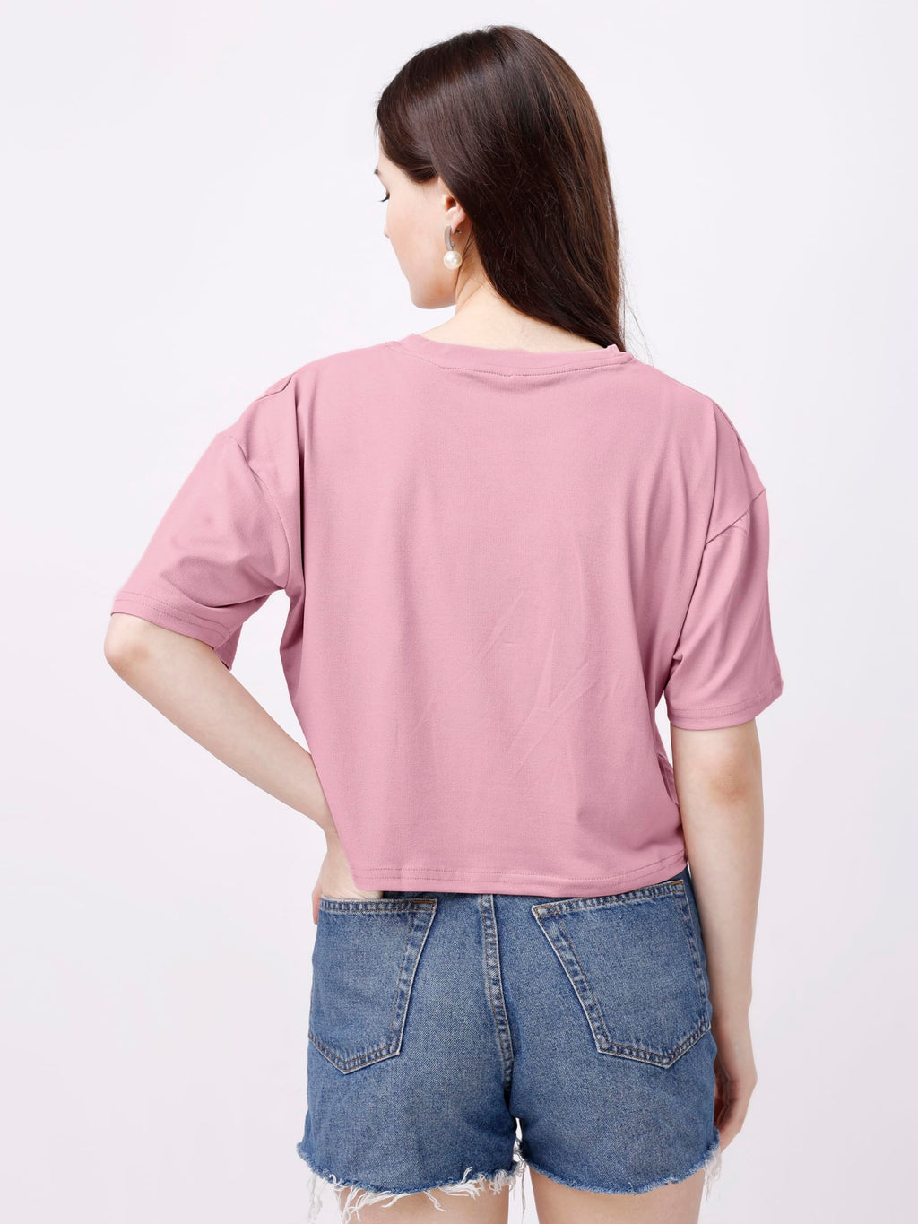 ELLITI Soft Rich Cotton Rose Gold Half Sleeve | Round Neck | Oversized/Loose Fit | Down Solder | Micky Crop Top for Women (Size: