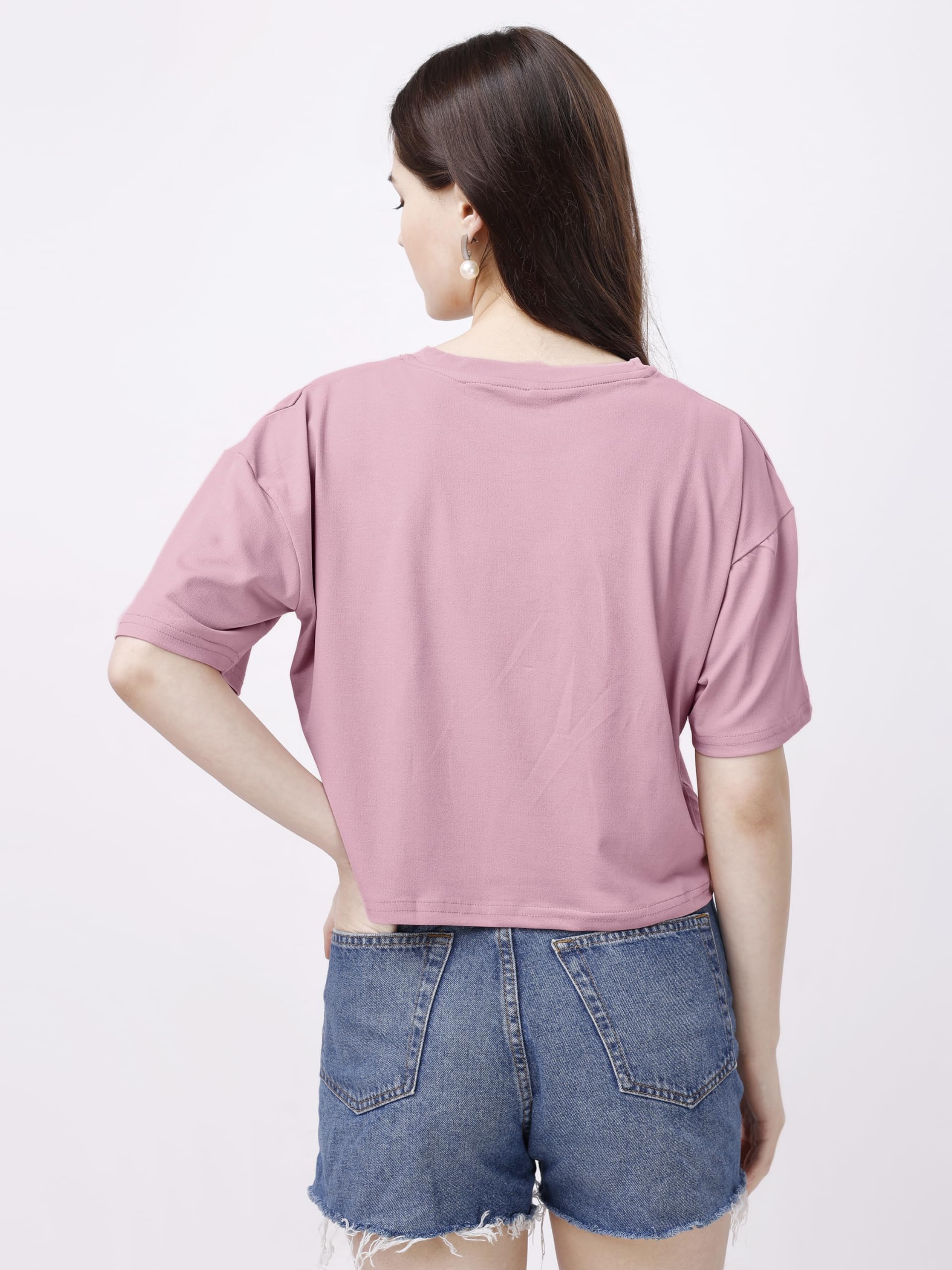 ELLITI Soft Rich Cotton Rose Gold Half Sleeve | Round Neck | Oversized/Loose Fit | Down Solder | Micky Crop Top for Women (Size: