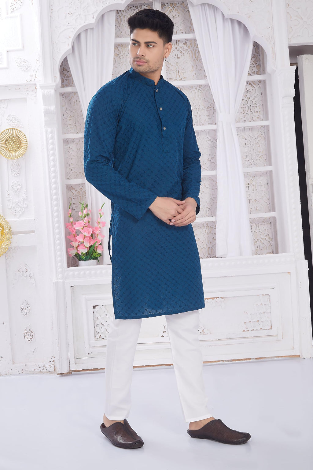 Divisive MenS Thread Embroidered Cotton Only Slim Fit Kurta (Dkrt637_Xxxl_Turquoise)