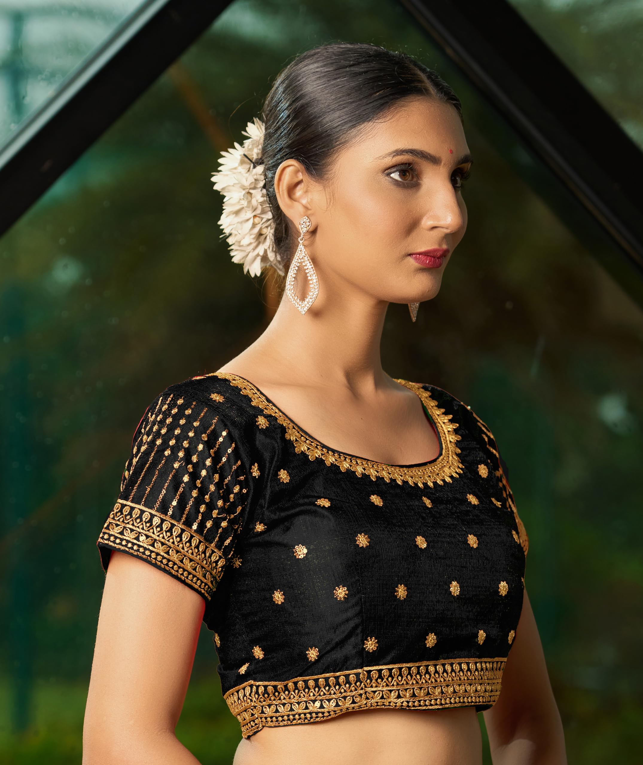 Pujia Mills WomenS Black Readymade Blouse Embroidery Multi Coding Gold Thread Indian Ethnic Designer Blouse Stitched WomenS Re