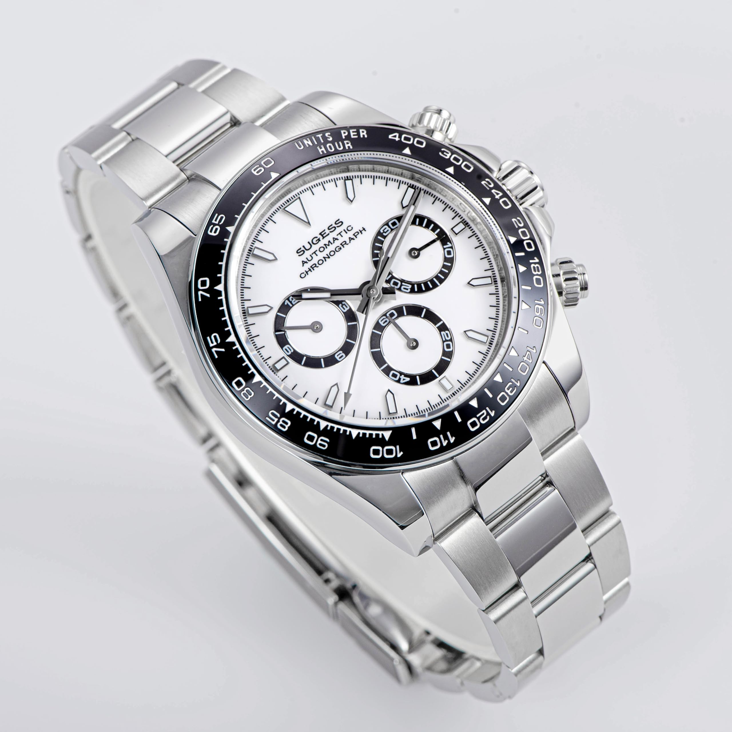 Sugess S418-2.002.S Chrono Racing Genuine Ceramic Bezel High Beat 41 Jewels SL4801 Chronograph Mens Watch, SILVER