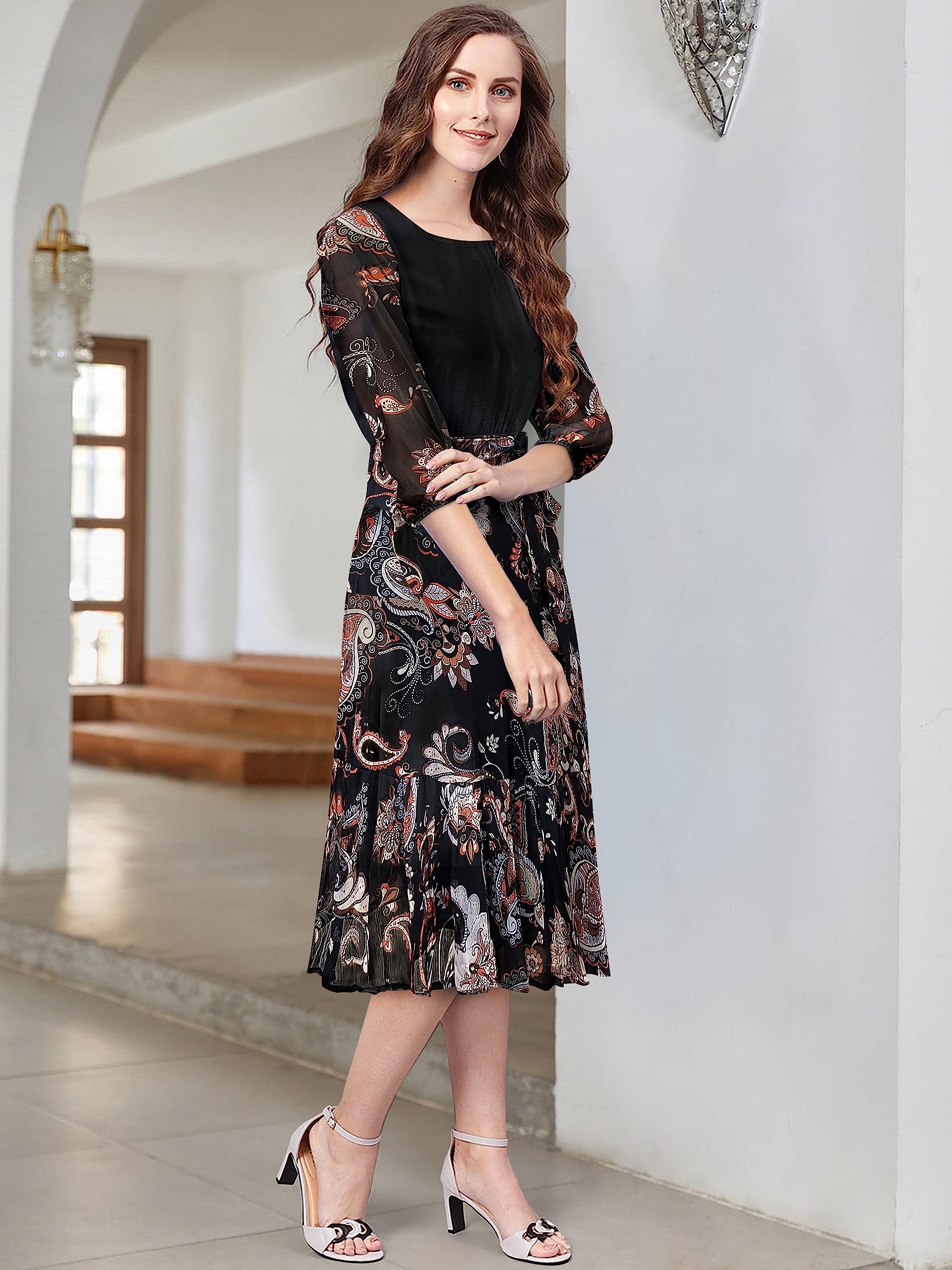 Toochki WomenS Black Georgette Lycra Paisley Print Fit & Flared Western Dress With A Line Pattern Suitable To Wear In Winter We