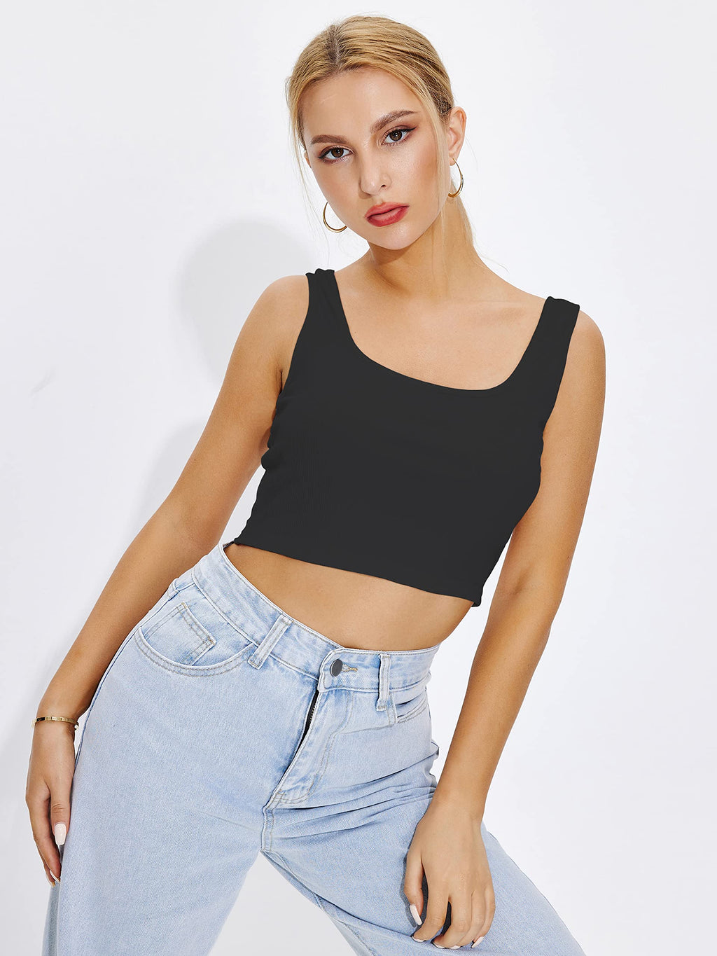 Shasmi Womens & Girls Solid Ribbed Square Neck Collarless Sleeveless Slim Fit Simplicity Tank Tops (Pack of 2) (TOP 36 Black S
