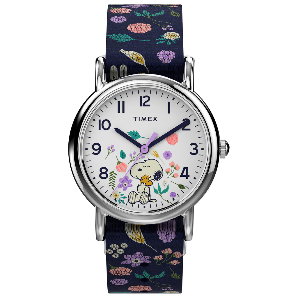 Timex Womens Watch Peanuts Weekender Casual Ladies Wristwatch - Featuring Snoopy and Woodstock in a Floral Motif, Silver-Tone Ca