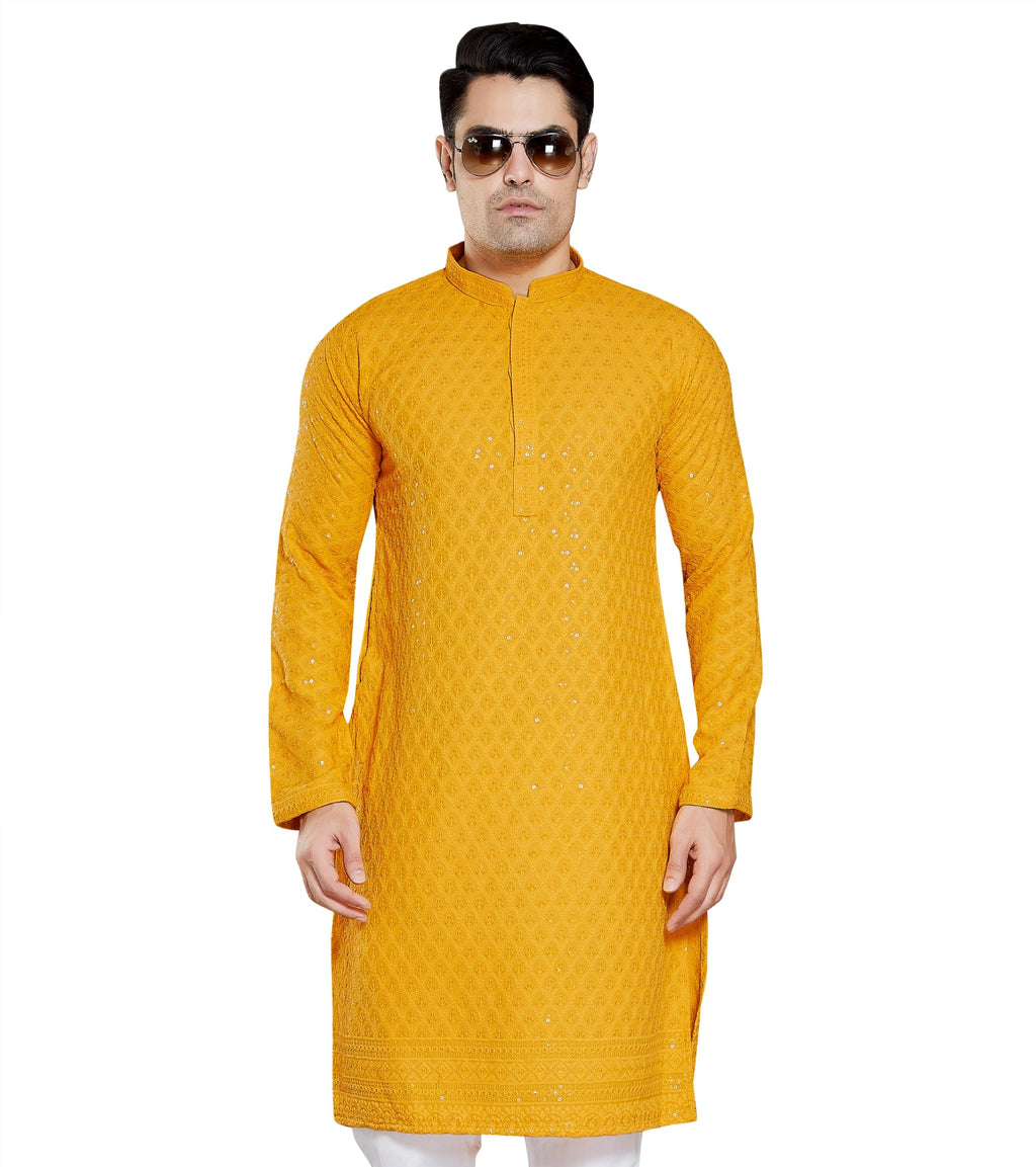 DIVISIVE Mens Sequince Embroidered Cotton Blend Only Kurta (DKRT1_XXL_Yellow)