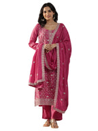 Libas Womens Embroidered Silk Blend Straight Kurta With Palazzos And Dupatta