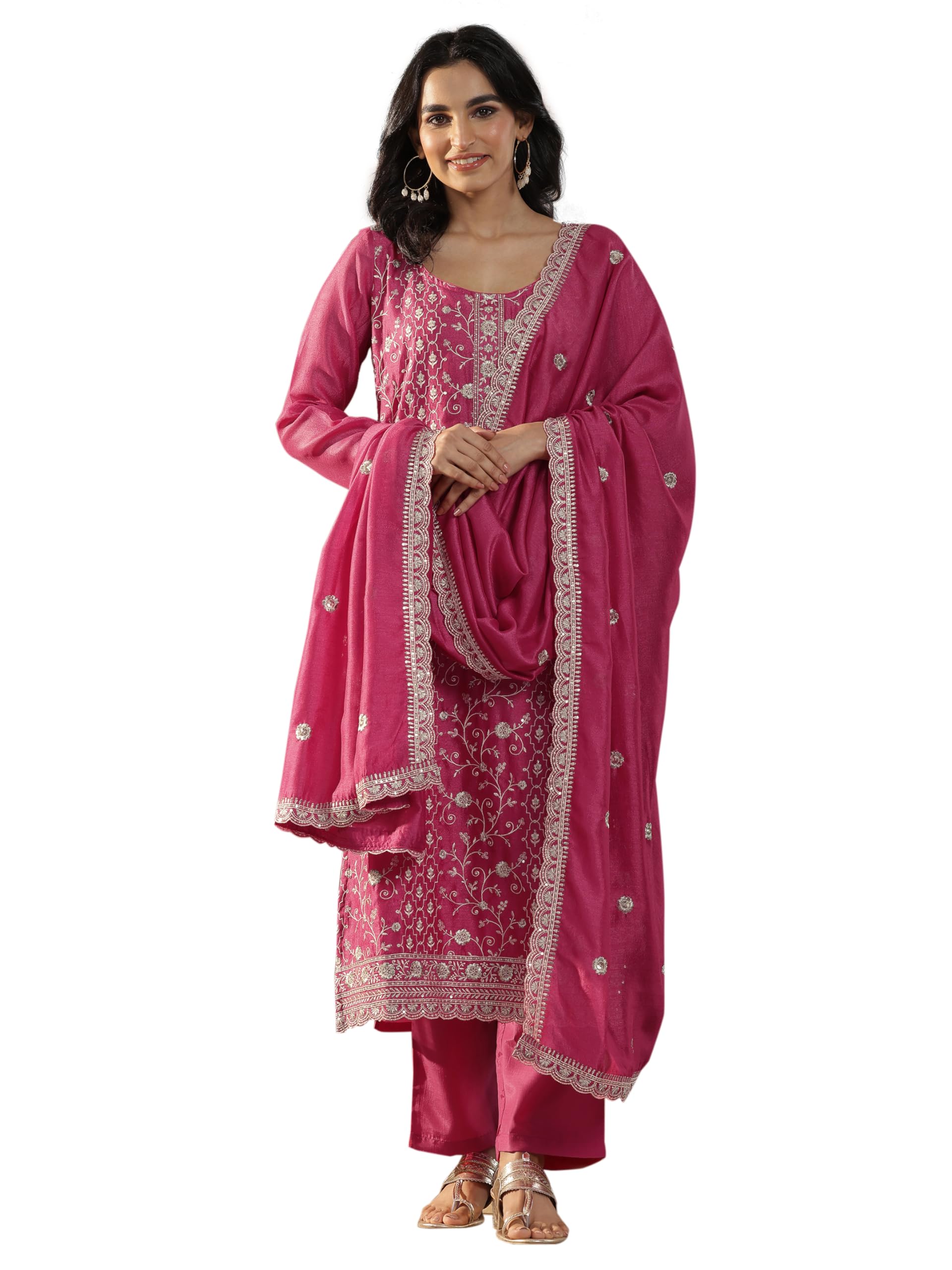 Libas Womens Embroidered Silk Blend Straight Kurta With Palazzos And Dupatta