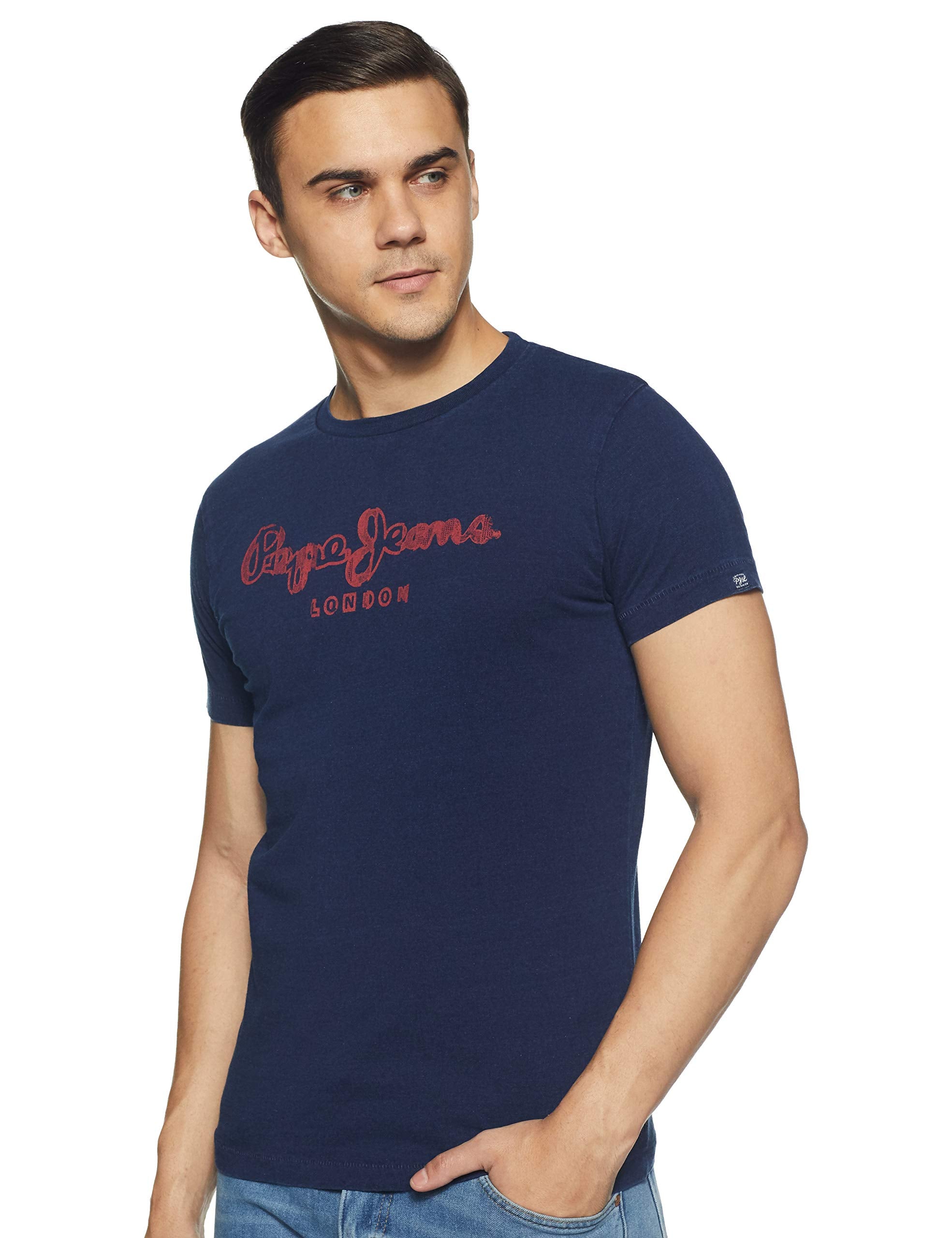 Pepe Jeans MenS Solid Regular Fit T-Shirt (Pm541335_Navy Blue_S