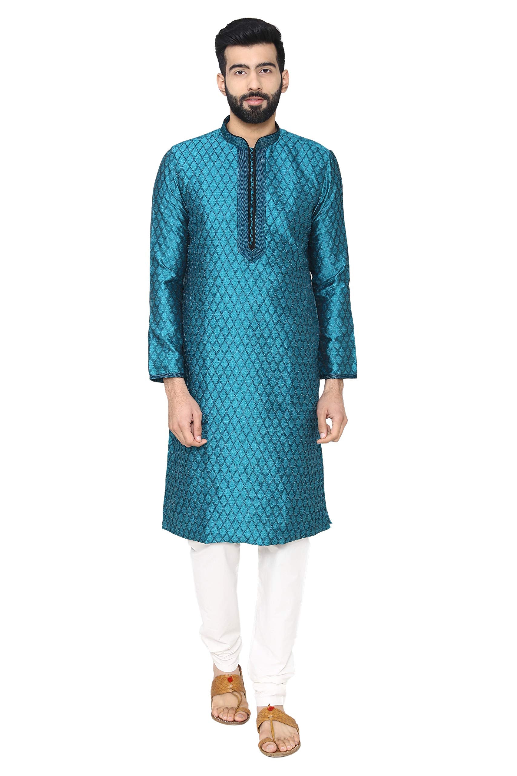 Manyavar Mens Silk Thread Work Regular Kurta and Churidar Set (S952575-327_Teal_S)