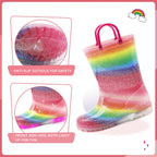 EUXTERPA Toddler-Kids Waterproof Light Up Rain Boots Patterns and Glitter Boots with Handles for Girls Toddler Size 9 Rainbow
