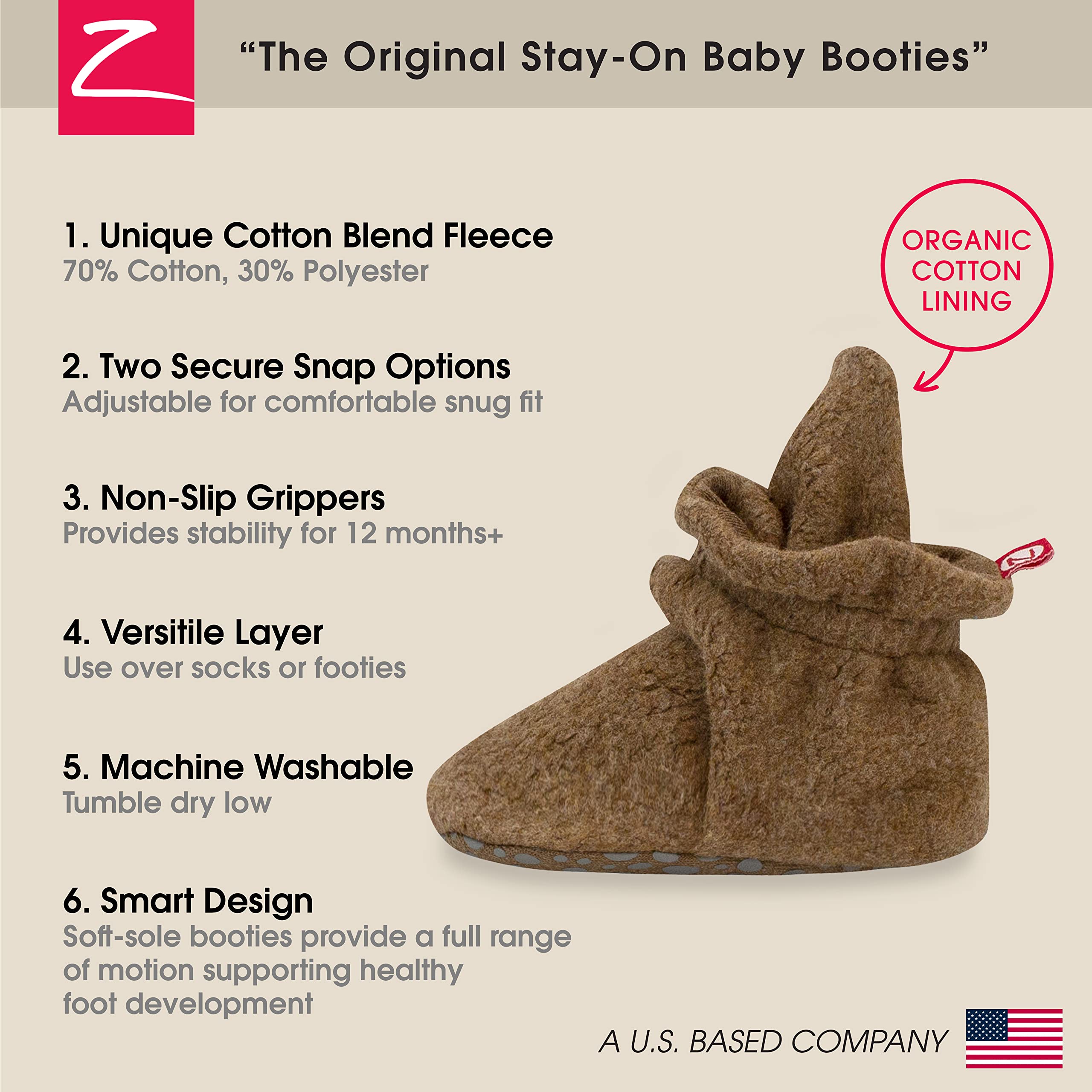 Zutano Unisex Cozie Fleece Baby Booties with Grippers, Baby Essentials, Mocha Heather, 18 Months