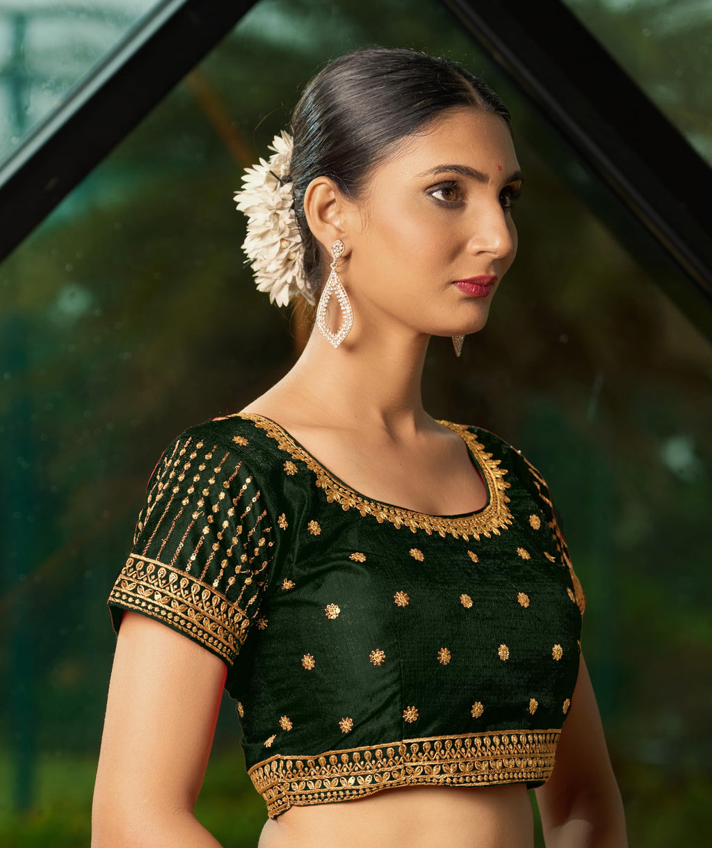 Pujia Mills WomenS Dark Green Readymade Blouse Embroidery Multi Coding Gold Thread Indian Ethnic Designer Blouse Stitched Women