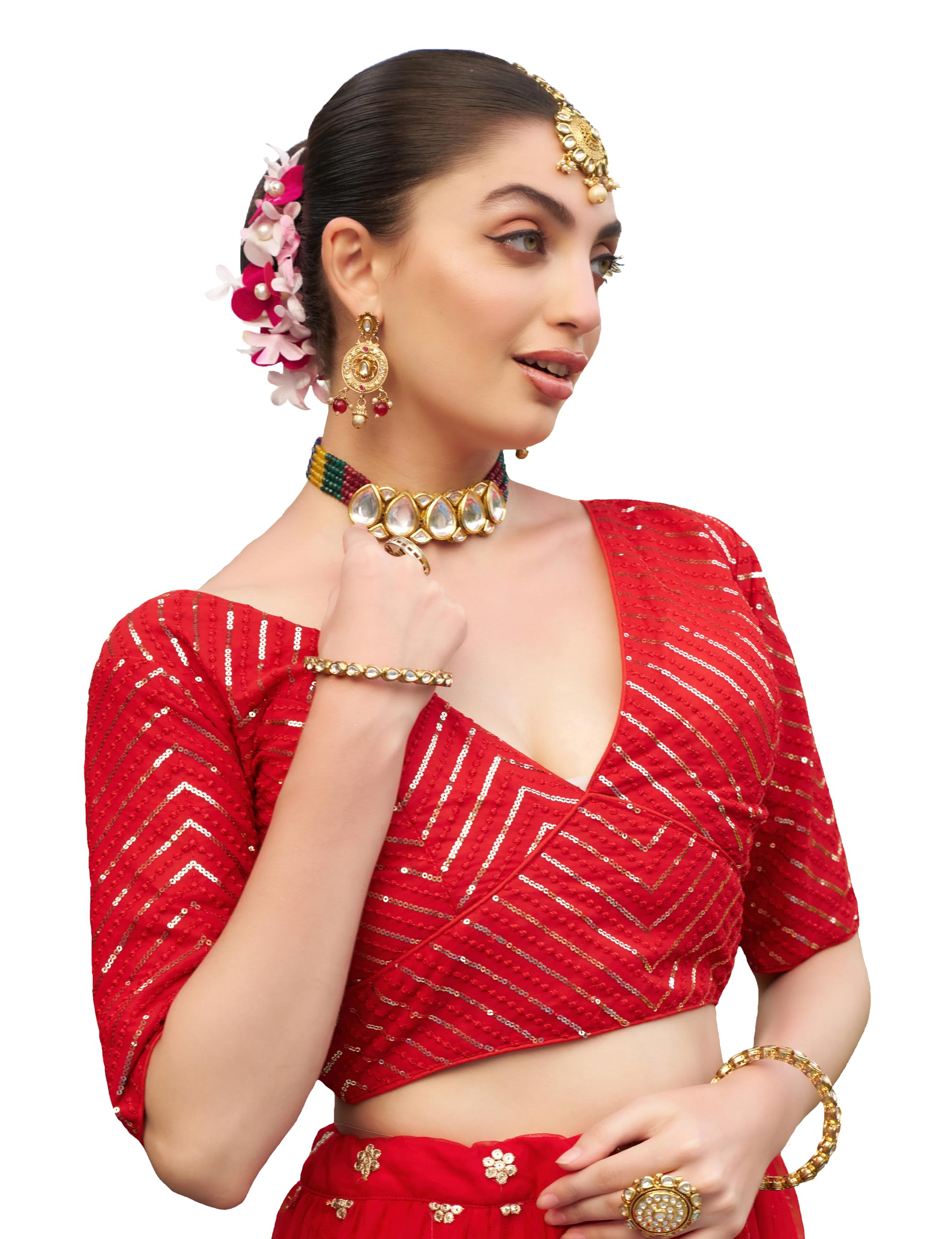 Pujia Mills Womens Fancy Readymade Half Sleeve Sequins Saree Blouse(Sequins Butti Red_38)