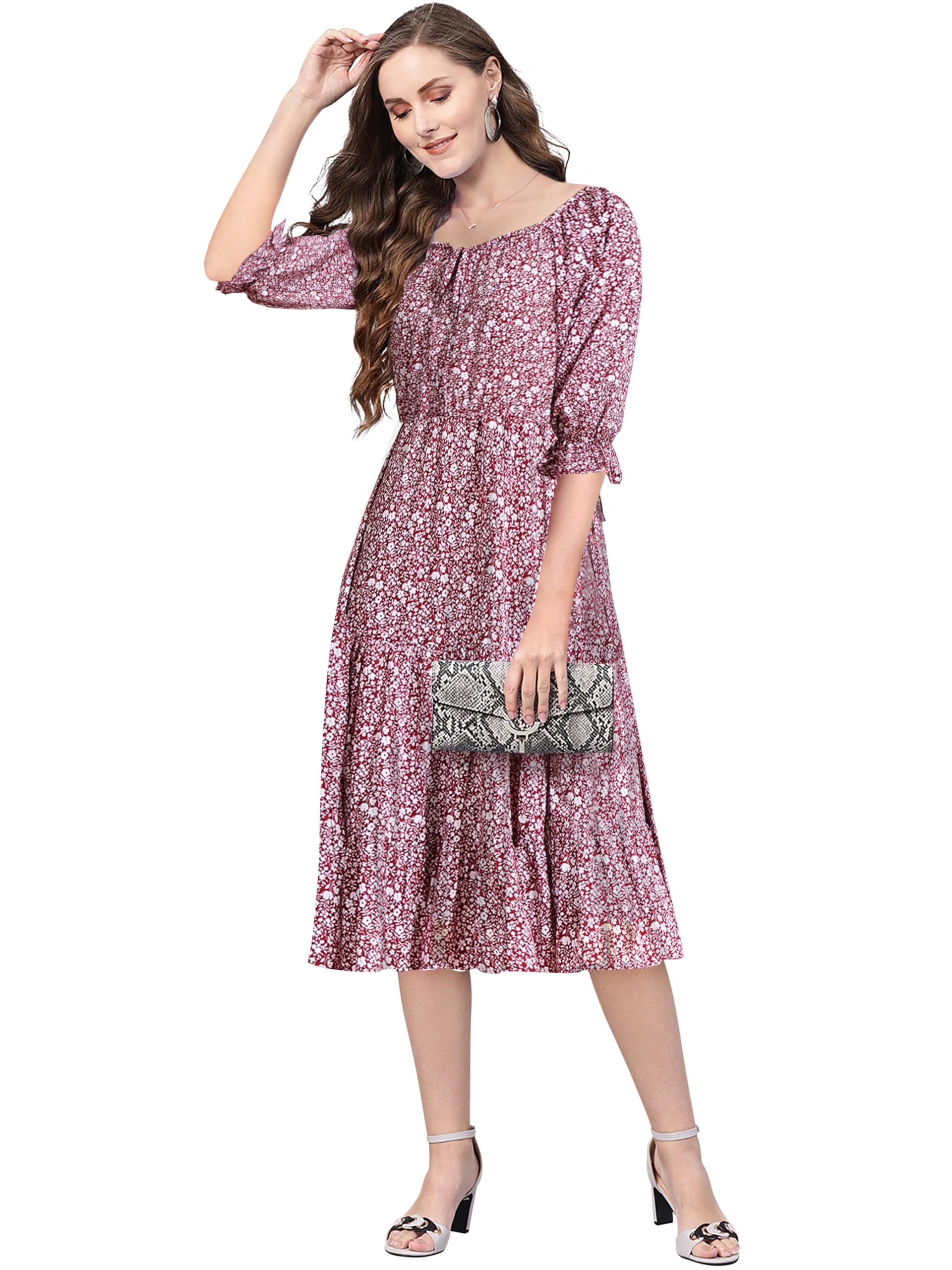 Toochki WomenS Maroon Muslin Floral Fit & Flared Western Dress | Dress For Women | A Line Dress | Winter Dress | Western Dress 