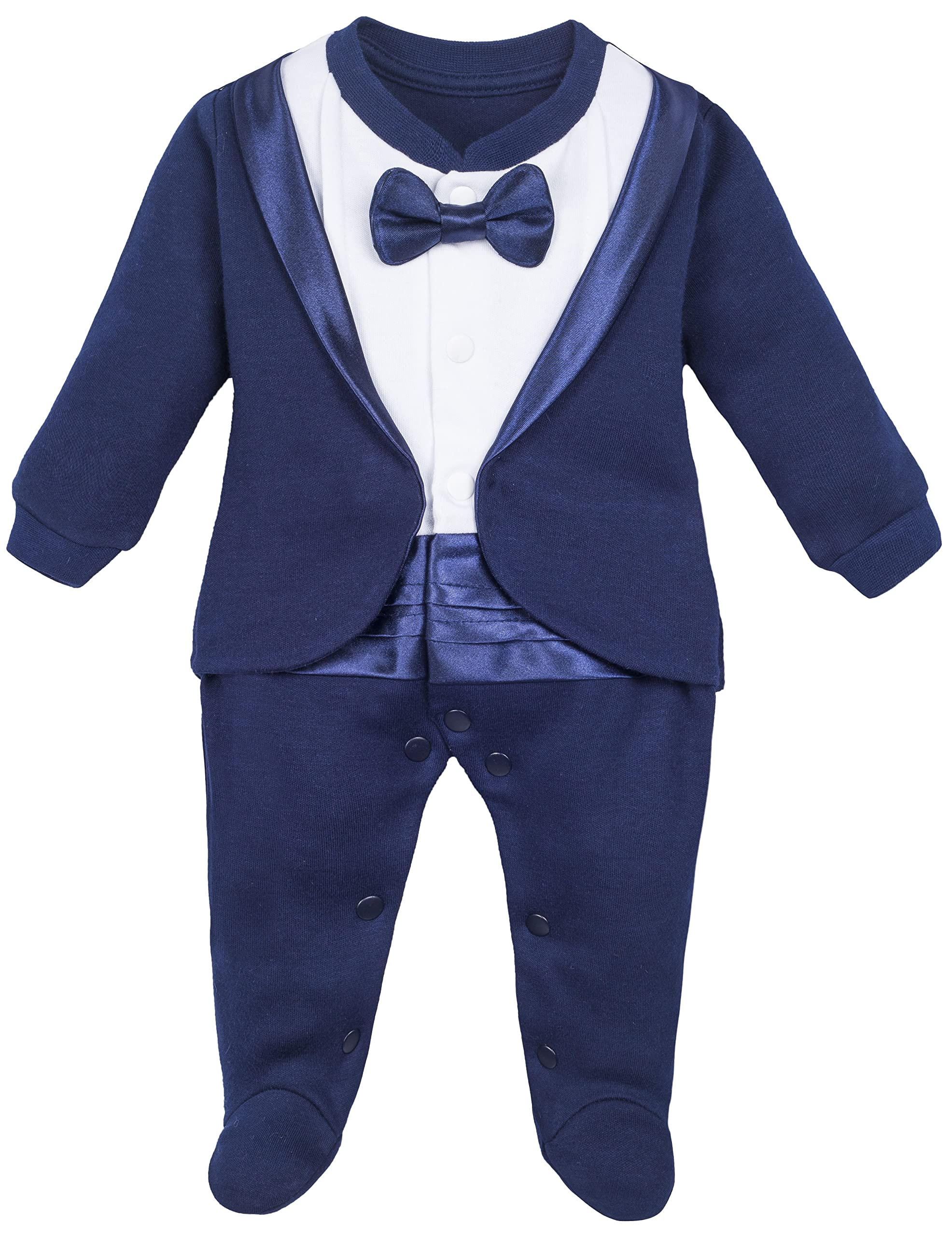 Lilax Baby Boy Gentleman Tuxedo Footie Christmas Holiday Outfit with Bow Tie Newborn Navy