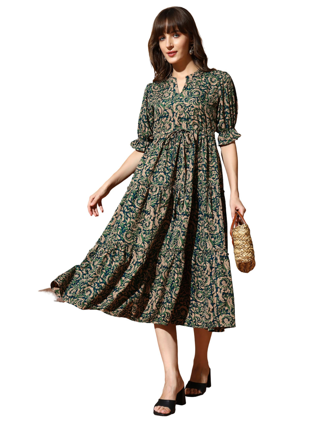Kzully | Dress For Women | Midi Dress | Floral Printed | Polyester Fabric | Bell Sleeve Ethnic A-Line | Tiered Fit & Flare | Cas